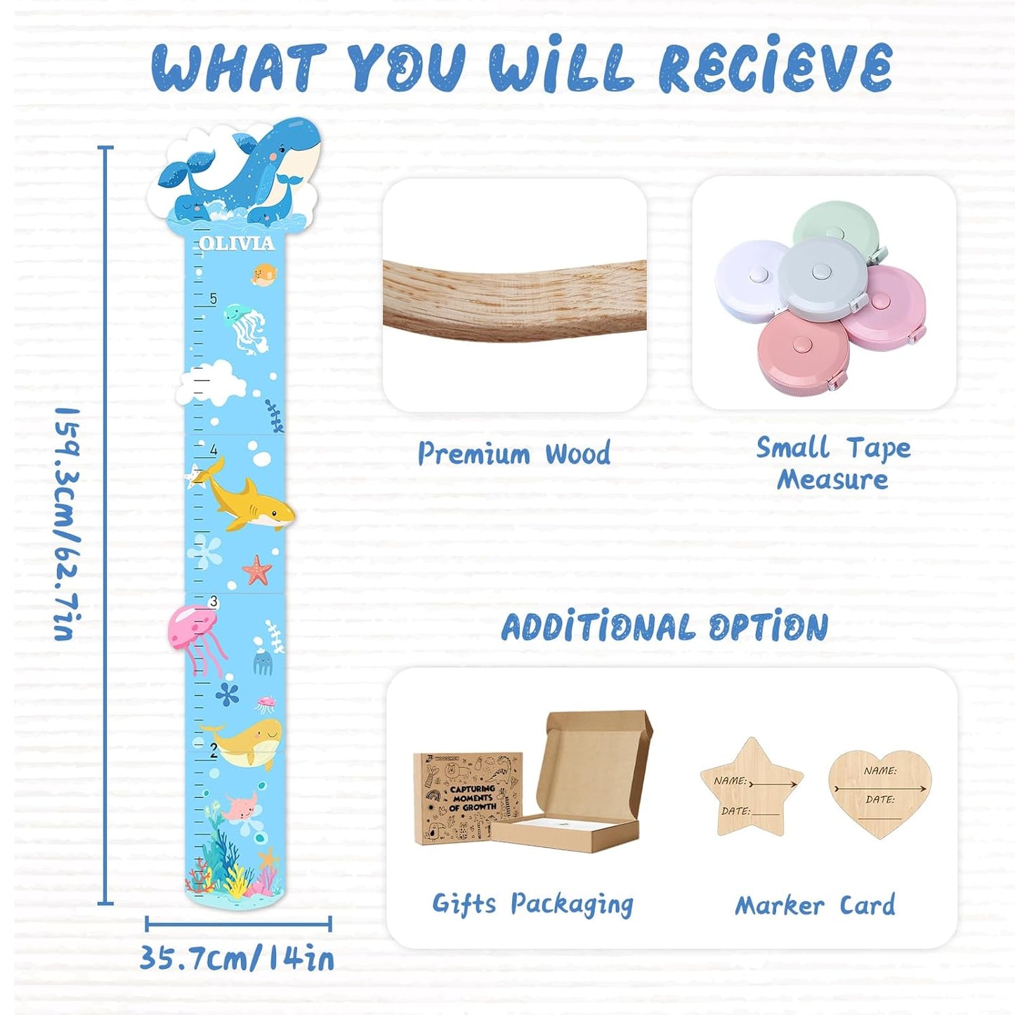 Personalized Name Marine Animals Wooden Growth Chart for Kids-Height Measurement for Wall Girls Boys Teen Room Wall Decor 62.7" x 14"