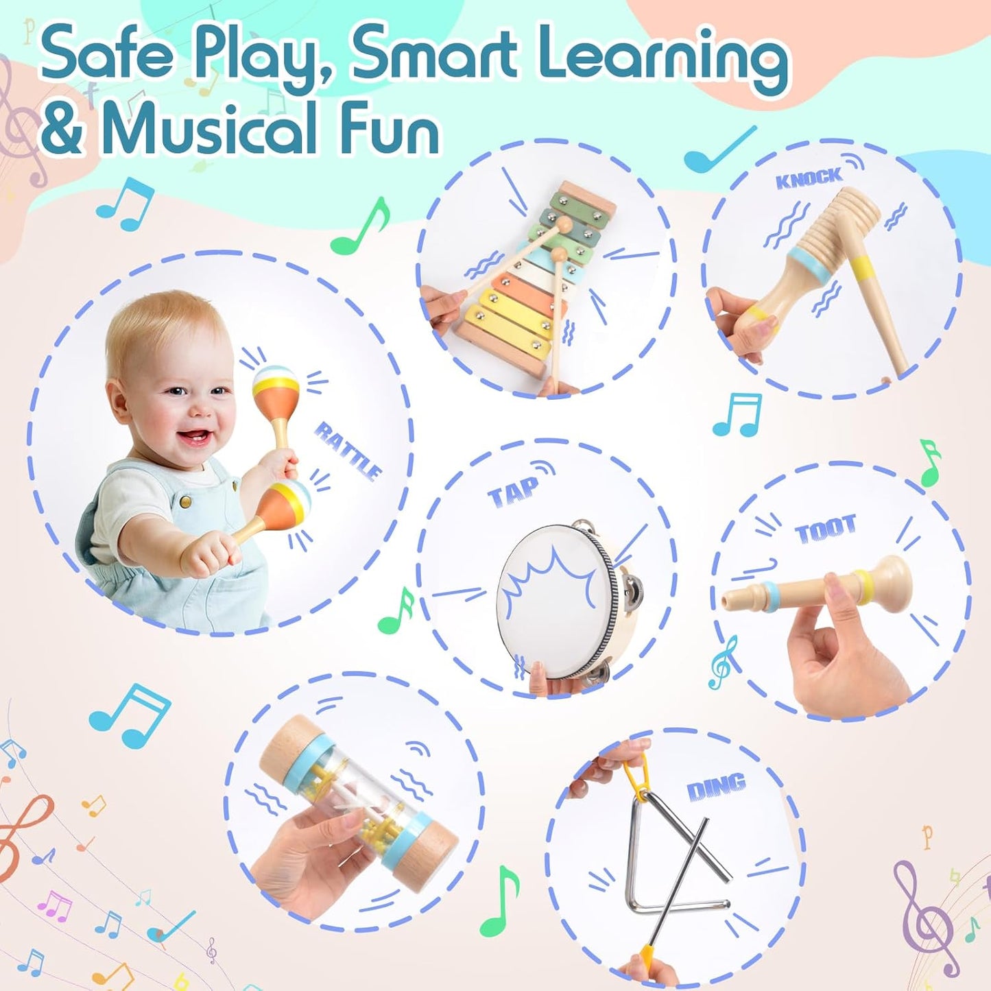 Toddler Musical Instruments Set, Wooden Montessori Toys for 1 2 3 Year Old Boys Girls, Baby Musical Toys with Storage Bag for Early Learning, Christmas Birthday Gift for Kids Preschool Educational