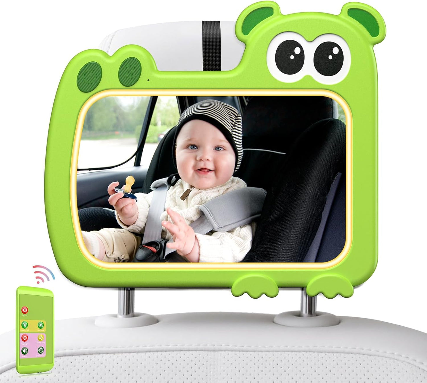 2-in-1 Baby Car Mirror with Lights & Soft Sounds, Cry Detector, Clear Night View, 360° Rotation, Shatterproof, Rear Facing Baby Car Seat Mirror with Remote Control, Perfect Baby Shower Gifts (Green)