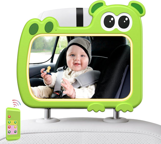 2-in-1 Baby Car Mirror with Lights & Soft Sounds, Cry Detector, Clear Night View, 360° Rotation, Shatterproof, Rear Facing Baby Car Seat Mirror with Remote Control, Perfect Baby Shower Gifts (Green)