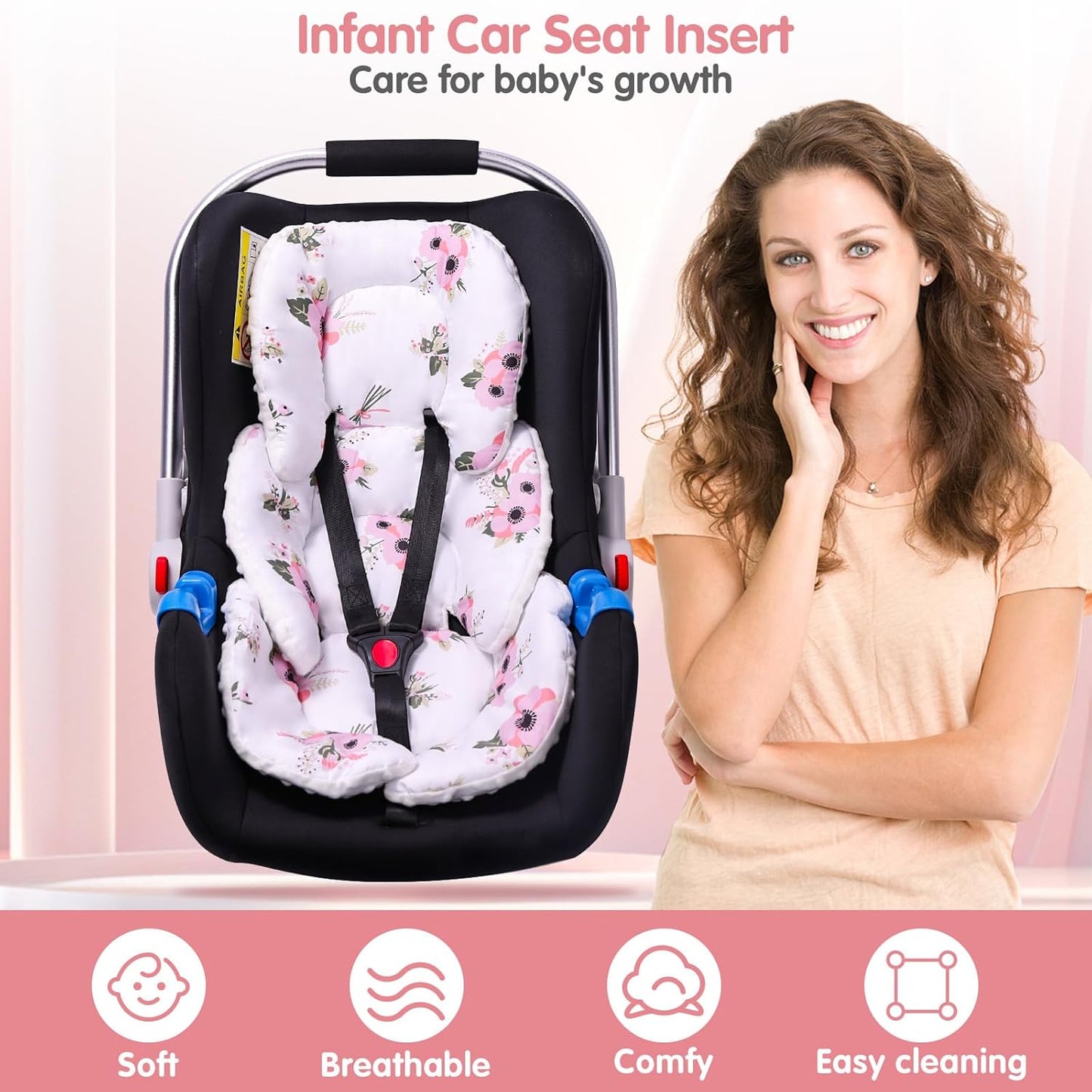 THE KENKYO 2-in-1 Reversible Infant Car Seat Insert for Newborn, Mink Dot Baby Car Seat Head & Body Support with Cotton Filled, Breathable Baby Car Seat Cushion for Strollers, Swings and Bouncers