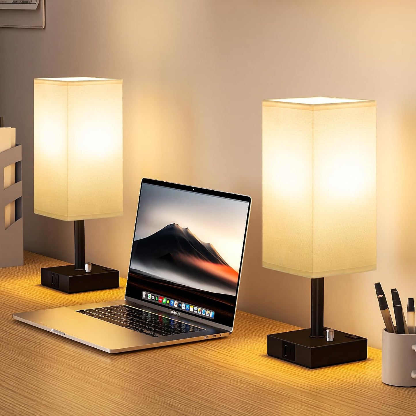 White Fully Dimmable Nightstand Lamps Set of 2 - Table Bedside Lamp with USB C+A Charging Ports & 2 AC Outlets, Square Lamp Sets Linen Fabric Shade for Bedroom Living Room(Bulb Included)