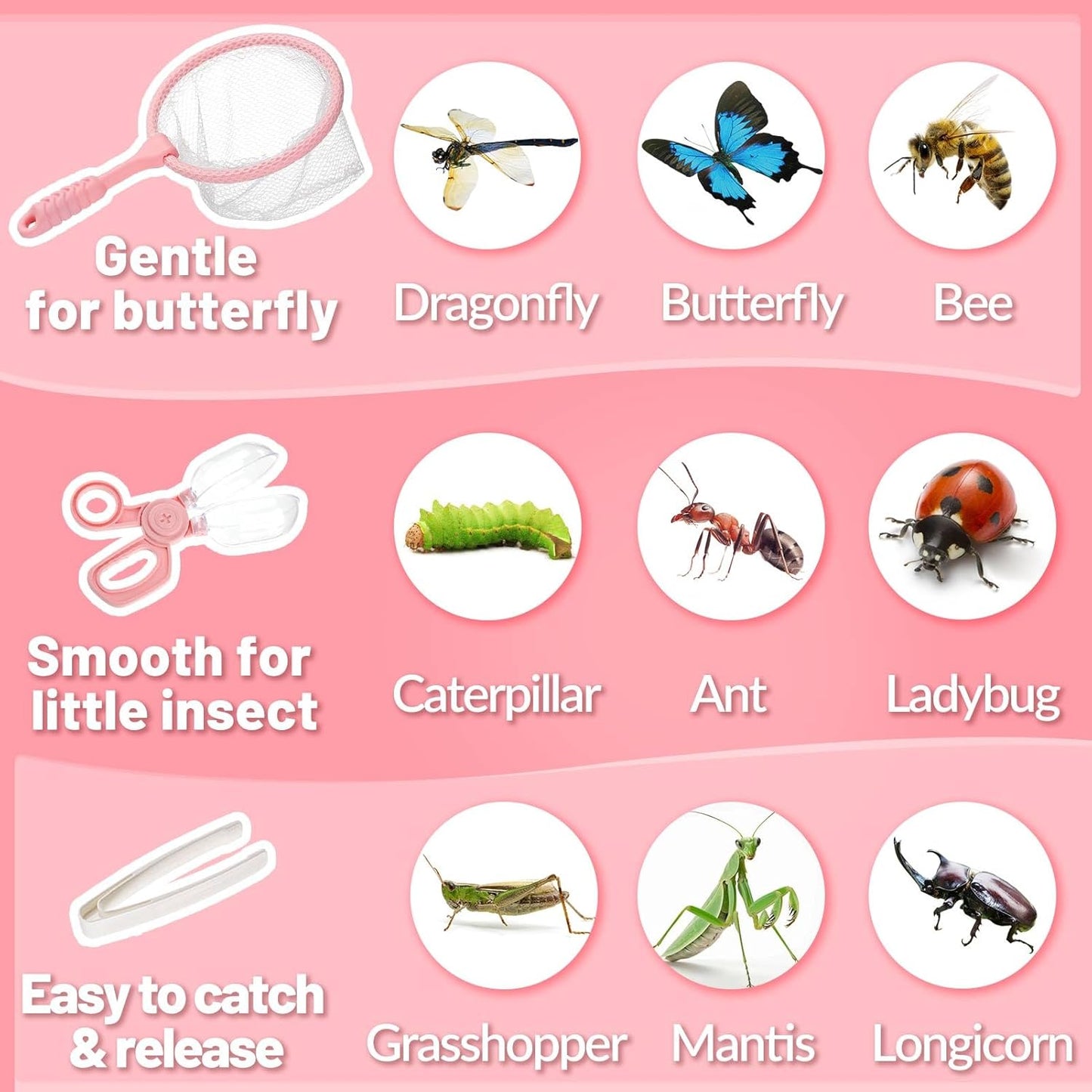2 Set Bug Catcher for Kids- Educational Bug Catching Kit Including Butterfly Net, Insect Clip, Tweezer, Outdoor Toys for Kids Ages 3-10 (Pink)