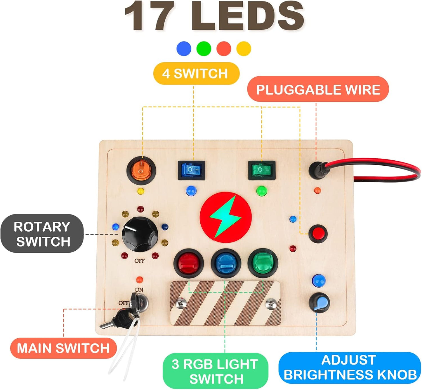 Joyreal Montessori Busy Board Wooden Sensory Toys for Toddler with LED Light Up Switch, Baby Fidget Board Travel Toys for 18+ Months, 1 2 3 Year Old Boys Girls Toddler Toy Gifts (Mixed Lights)