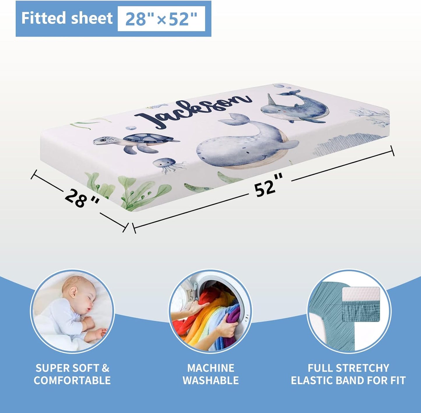 Personalized Baby Crib Bedding Set, 5 Pcs Custom Name Baby Bedding Set, Double Layer Nursery Bedding Set, Ocean Animal Baby Crib Set for Girls Boys, Gift for Toddler Infant Baby New Parents