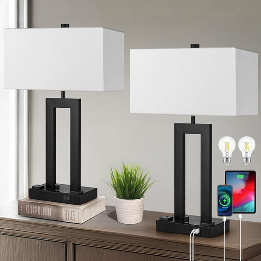 Modern Table Lamps Set of 2-22" Tall Bedside Lamps with USB-C/USB-A Charge Ports & Outlet, Stepless Dimmable Fabric White Shade Nightstand Lamps for Bedroom & Living Room