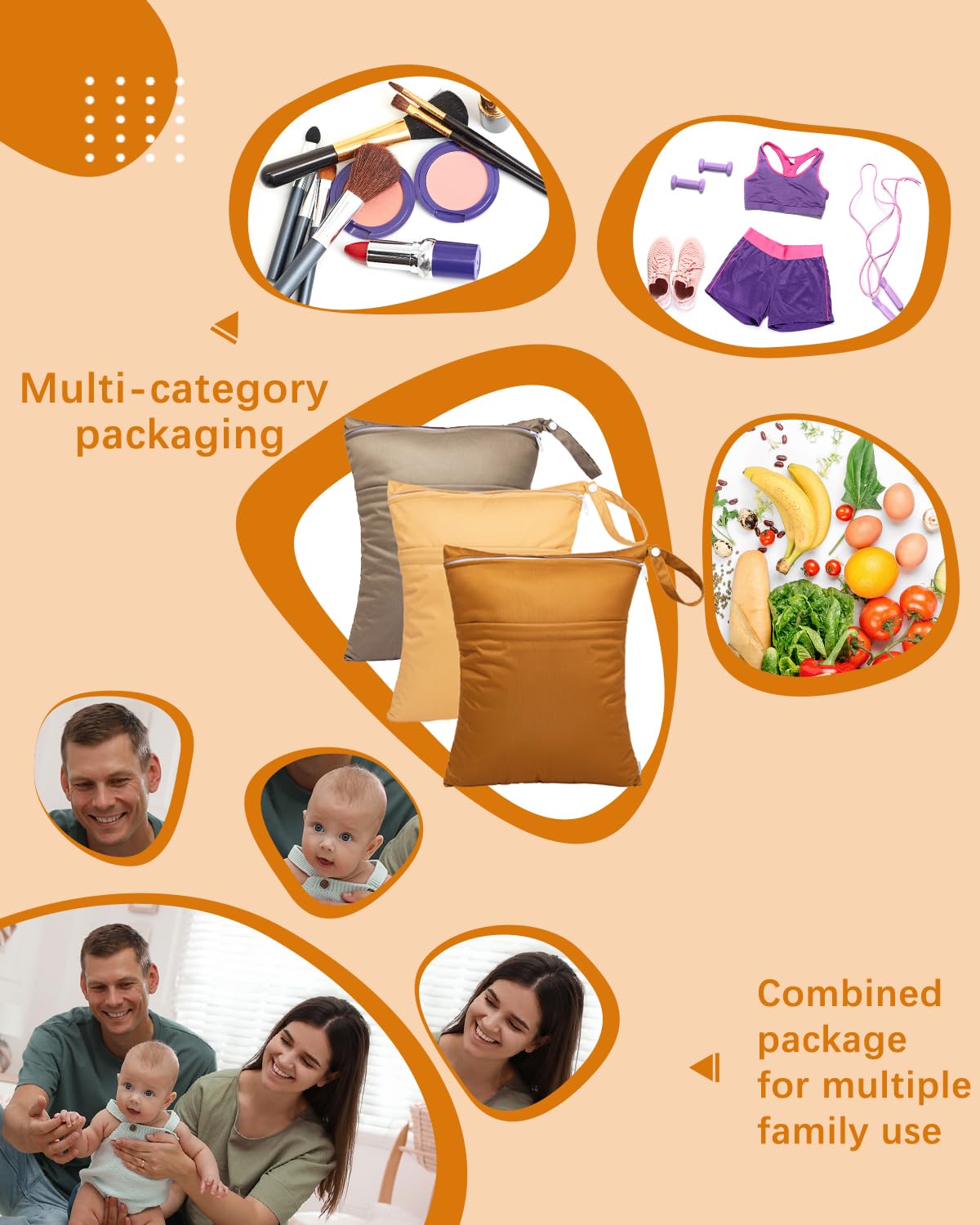 babygoal Wet Dry Bags for Baby Cloth Diapers, Washable Travel Bags, Beach, Pool, Gym Bag for Swimsuits & Wet Clothes with Two Zippered Pockets 3 Pack, 3LN20