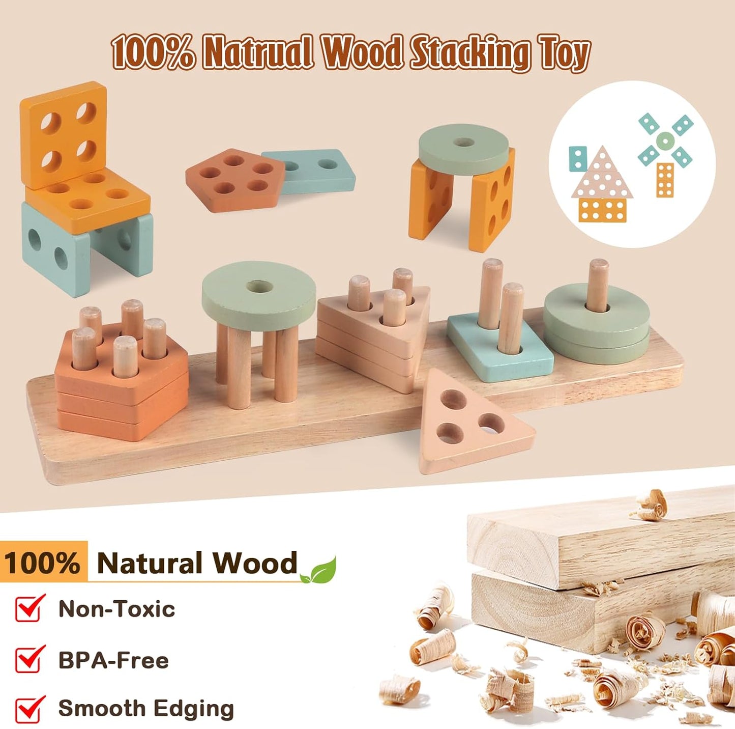 Musical Instruments Wooden for Kids 1-5 Year, Percussion Instruments Music Toy Set with Tambourine, Handbells, Clarinet, Sounder for Toddlers, Montessori Educational Toys for Baby (Natural Color)