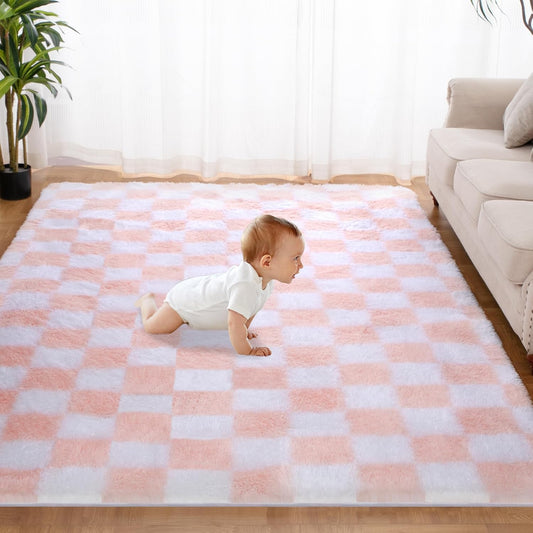 Super Soft Rug for Bedroom, 4x6 Ft Pink and White Area Rug Classic Checkered Shaggy Anti-Skid High Pile Soft Fluffy Rug Fuzzy Carpet for Living Room Bedroom Kids Room Nursery, Dorm Home Decor