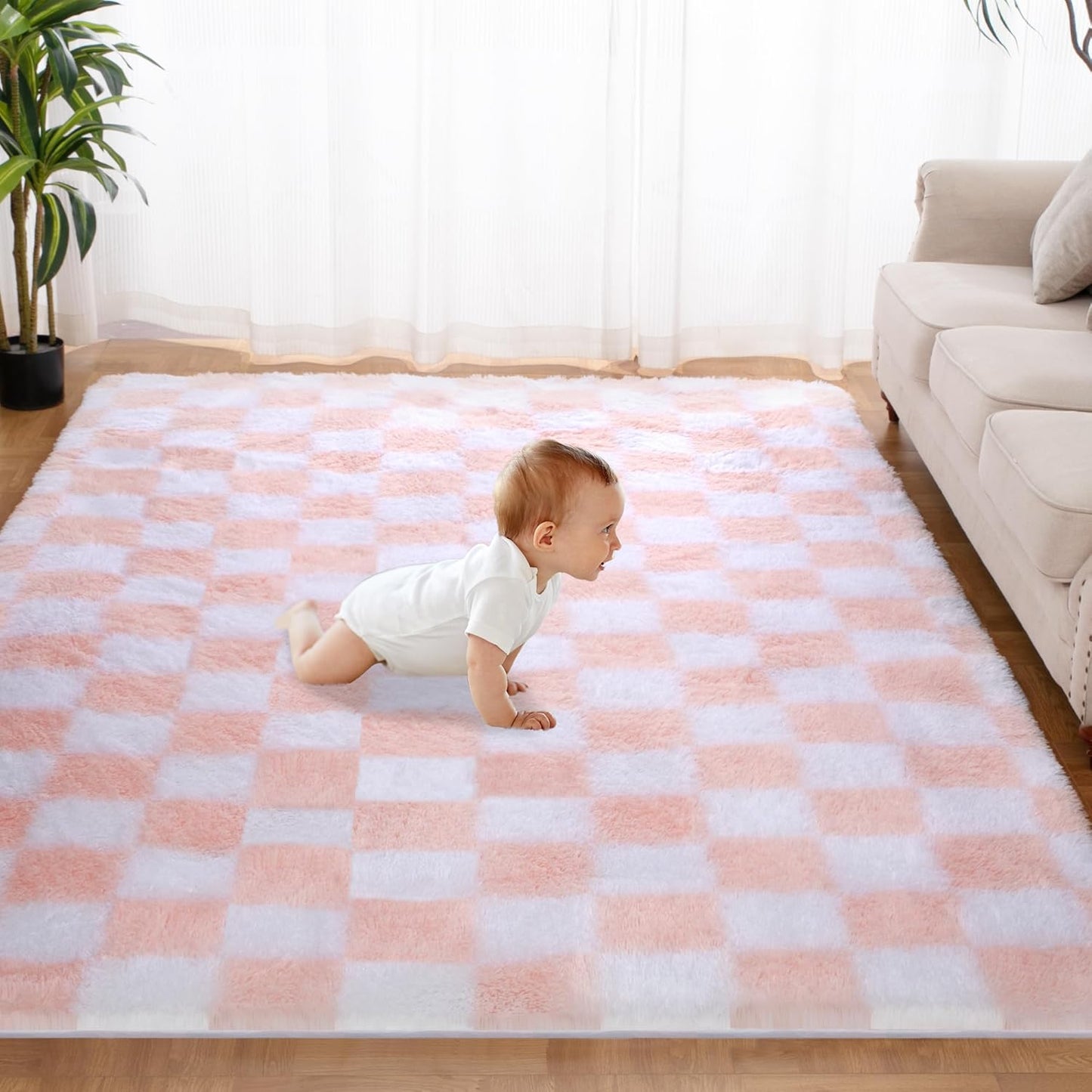 Super Soft Rug for Bedroom, 6x9 Ft Pink and White Area Rug Classic Checkered Shaggy Anti-Skid High Pile Soft Fluffy Rug Fuzzy Carpet for Living Room Bedroom Kids Room Nursery, Dorm Home Decor