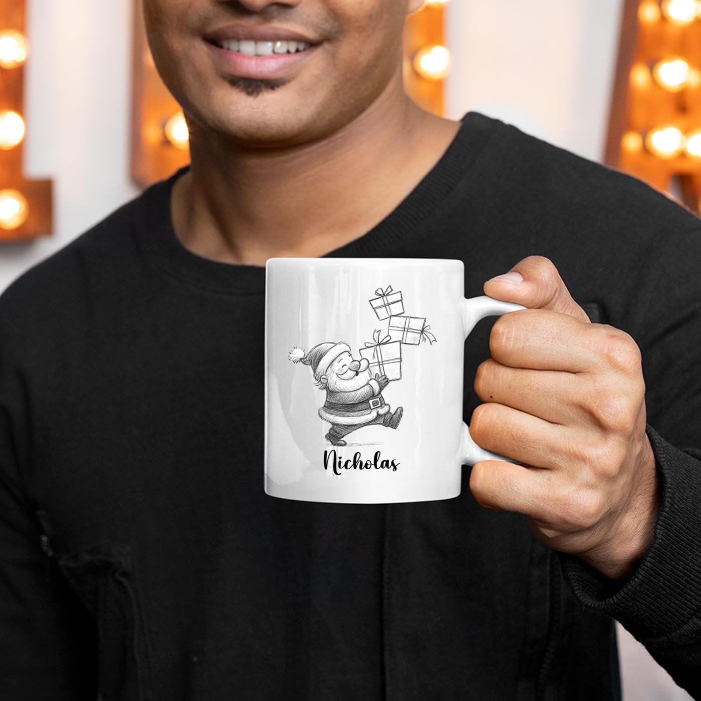 Santa Claus White Ceramic Teacup, Personalized Santa Claus Accent Coffee Mug Gift For Grandson Boyfriend Brother on Christmas Holiday, Unique Birthday Coffee Cup 11 Oz 15 Oz, Custom Name Kids Teacup