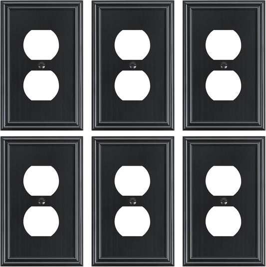 6-Pack Single Duplex Outlet Cover Plate, Decorative Black Switch Plates and Outlet Covers, Metal Wall Plates for Electrical Outlets, 1 Gang Receptacle Cover, Corrosion Resistant