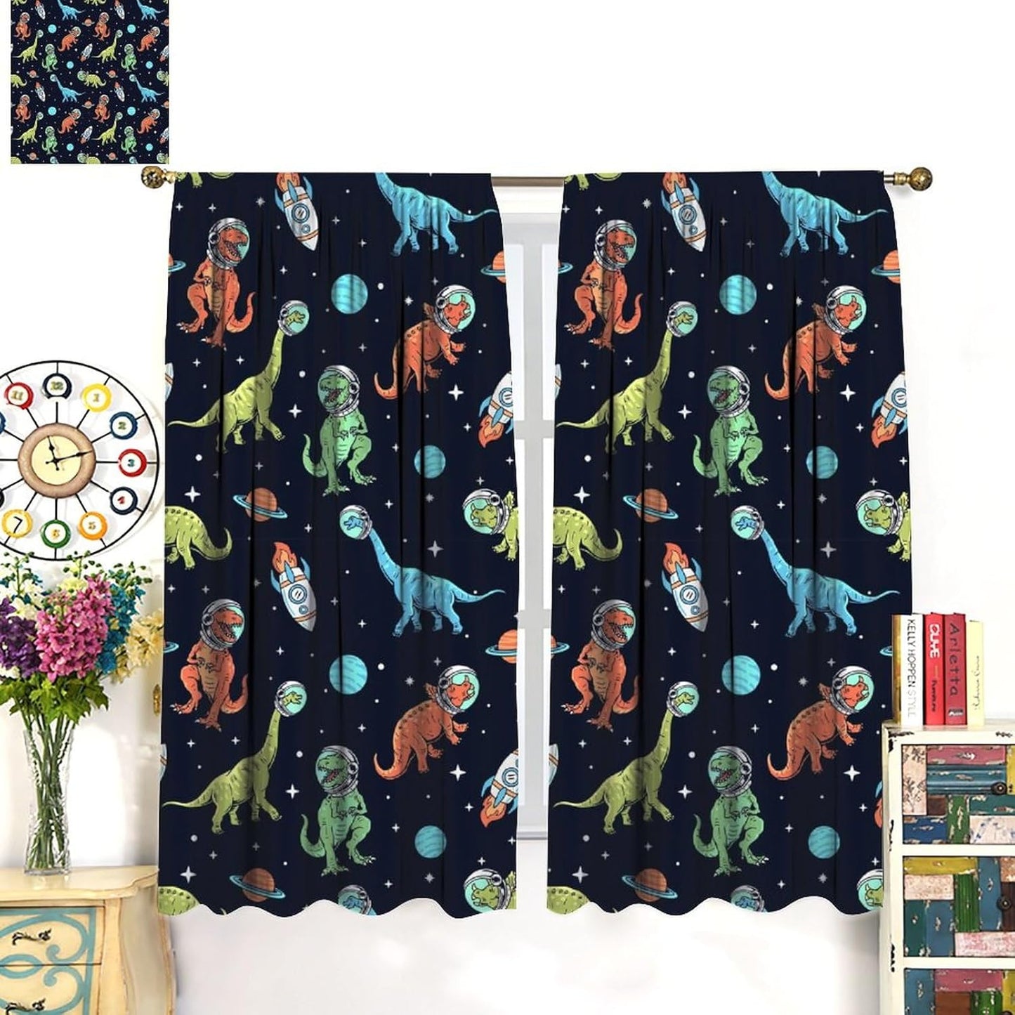 Cartoon Dinosaur Curtains for Kids Boys Girls Home Decor, Astronaut Rocket Funny Outer Space Blackout Rod Pocket Window Drapes for Bedroom Living Room W42xL84in 2 Panels