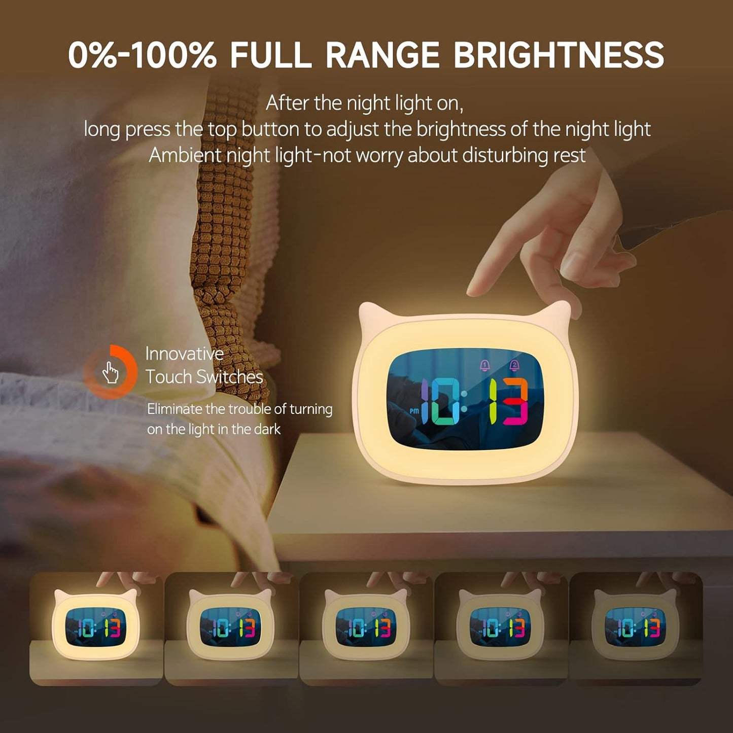 Cute Cat Ear Alarm Clock with RGB 7 Color Night Light & 18 Ringtones,Rechargeable Clock for Kids Bedroom,LED Colorful Digital Display,Bedside Clock for Boys,Girls Birthday Presents(Pink)