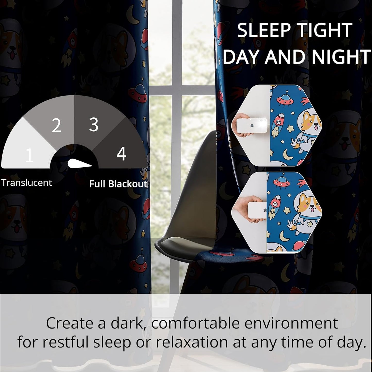 Kids Blackout Curtains - Space Dog Design, 100% Blackout, 2 Panels, Each W52×L84, Thermal Insulated, Noise Reducing & Energy Efficient for Kids Bedroom, Turn your child’s room into a fun adventure