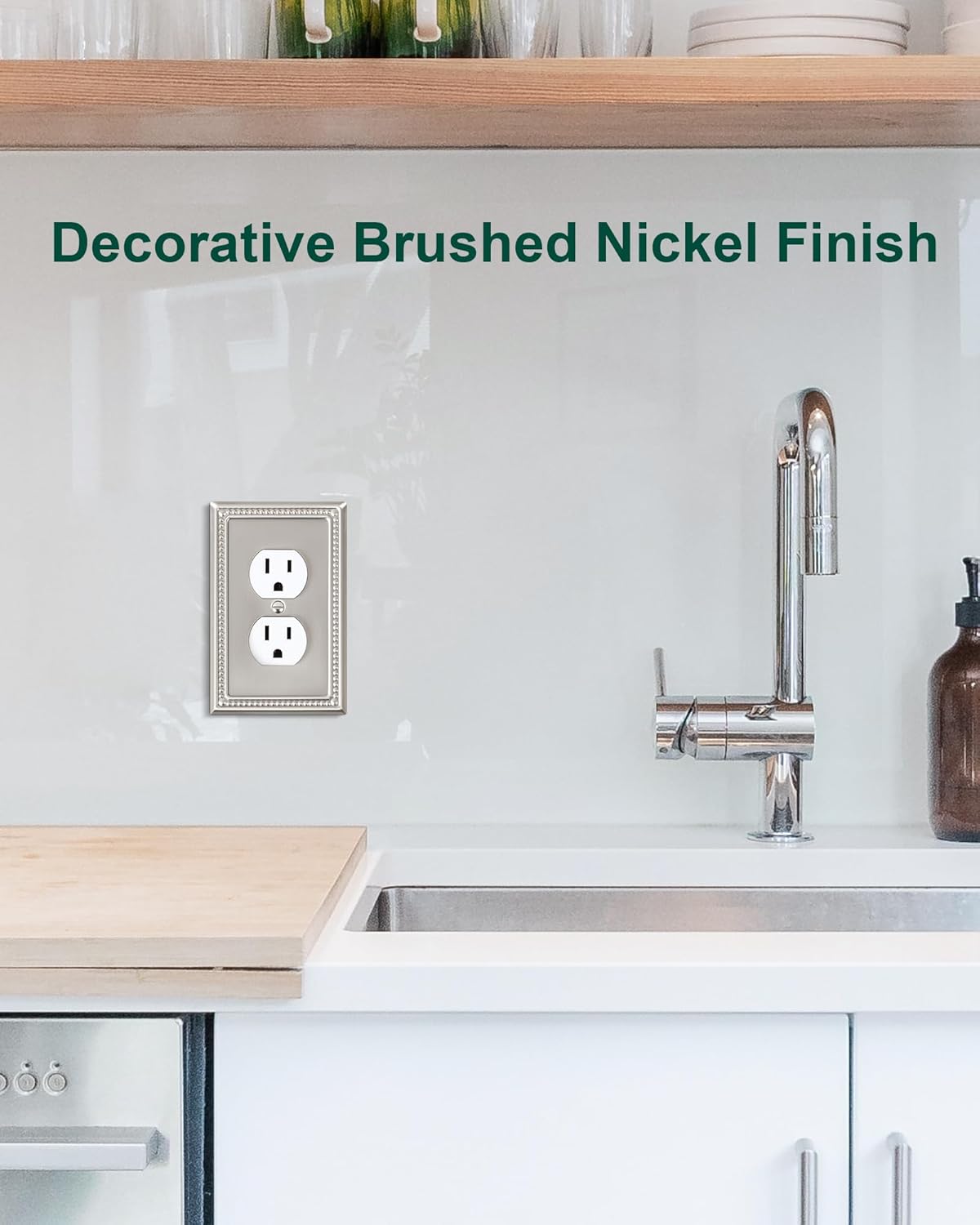 2-Pack Duplex Outlet Cover Plate, Metal Wall Plates for Electrical Outlets, Brushed Nickel 1 Gang Receptacle Cover, Pearls Decorative Switch Plates and Outlet Covers