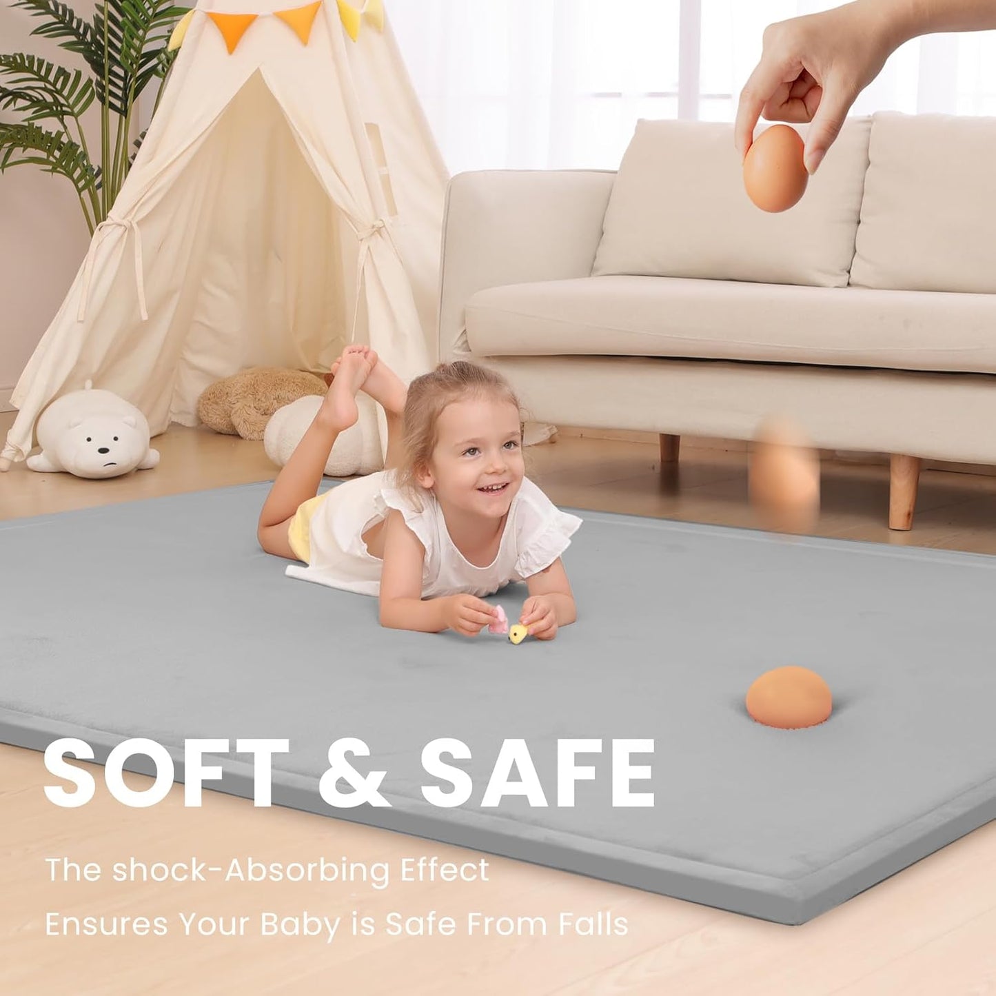 Baby Play Mat for Floor,1.3" Thick Memory foam Tummy Time Mat,79"×158“ Extra Large Soft Velvet Nursery Rug,Non Slip Safe for Crawling,Toddlers,Infants,kids,Tatami Style for Living Room(Light Grey)