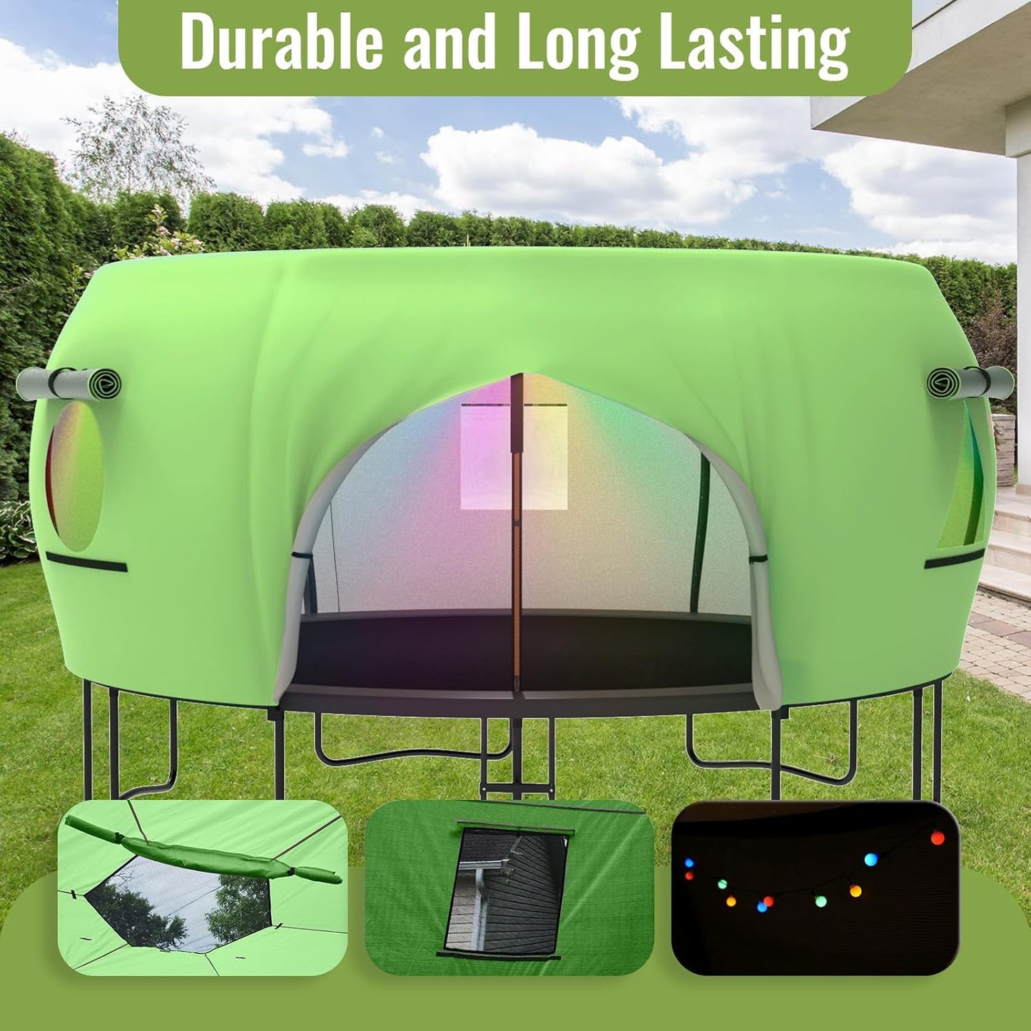 Gardenature 10FT/12FT/14FT Trampoline Tent(Tent Only), Fit Round Trampolines, Shade Cover with LED Light, Outdoor Trampolien Accessories, Anti-Tear, Beige