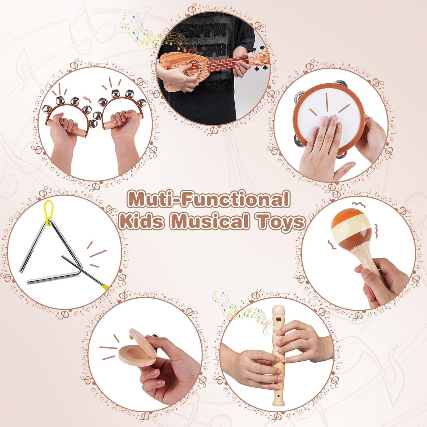 Kids Guitar Set - Musical Toys for 2 3 Year Old Boy Birthday Gifts, Montessori Toys for 2 Year Old Girls, Musical Instruments with Ukulele/Tambourine/Maracas for Toddler 2-4, Band Sets for Kids 3-5