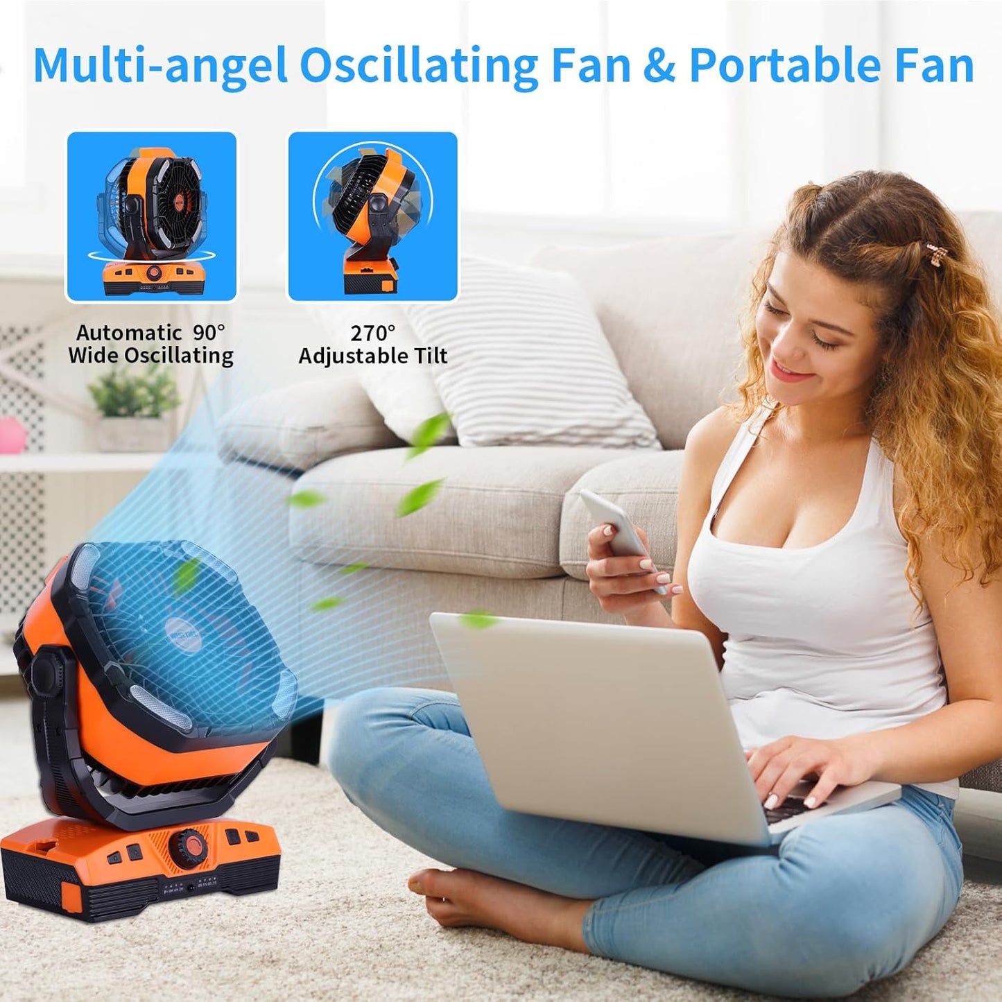 20000mAh Camping Fan Oscillating Portable Fan Battery Powered Fans Rechargeable Camping essentials with Light Hook, 270° Pivot USB Desk Battery Operated Outdoor Tent Travel