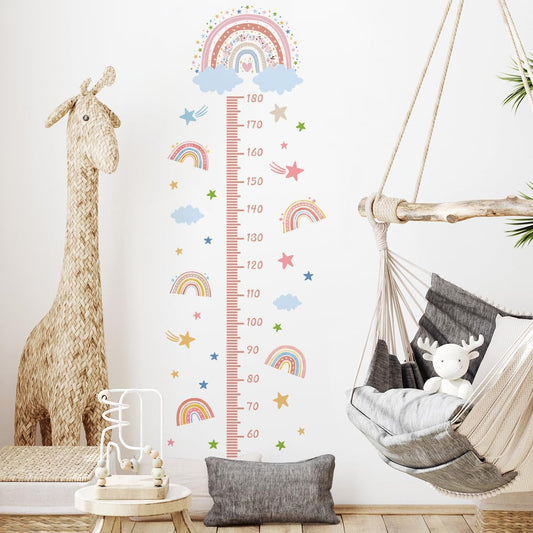 3D Cartoon Height Growth Chart for Kids - Removable DIY Pink Rainbow Wall Decal Peel and Stick Stars and White Clouds Wall Art Decor for Kids Nursery, Bedroom, Bathroom