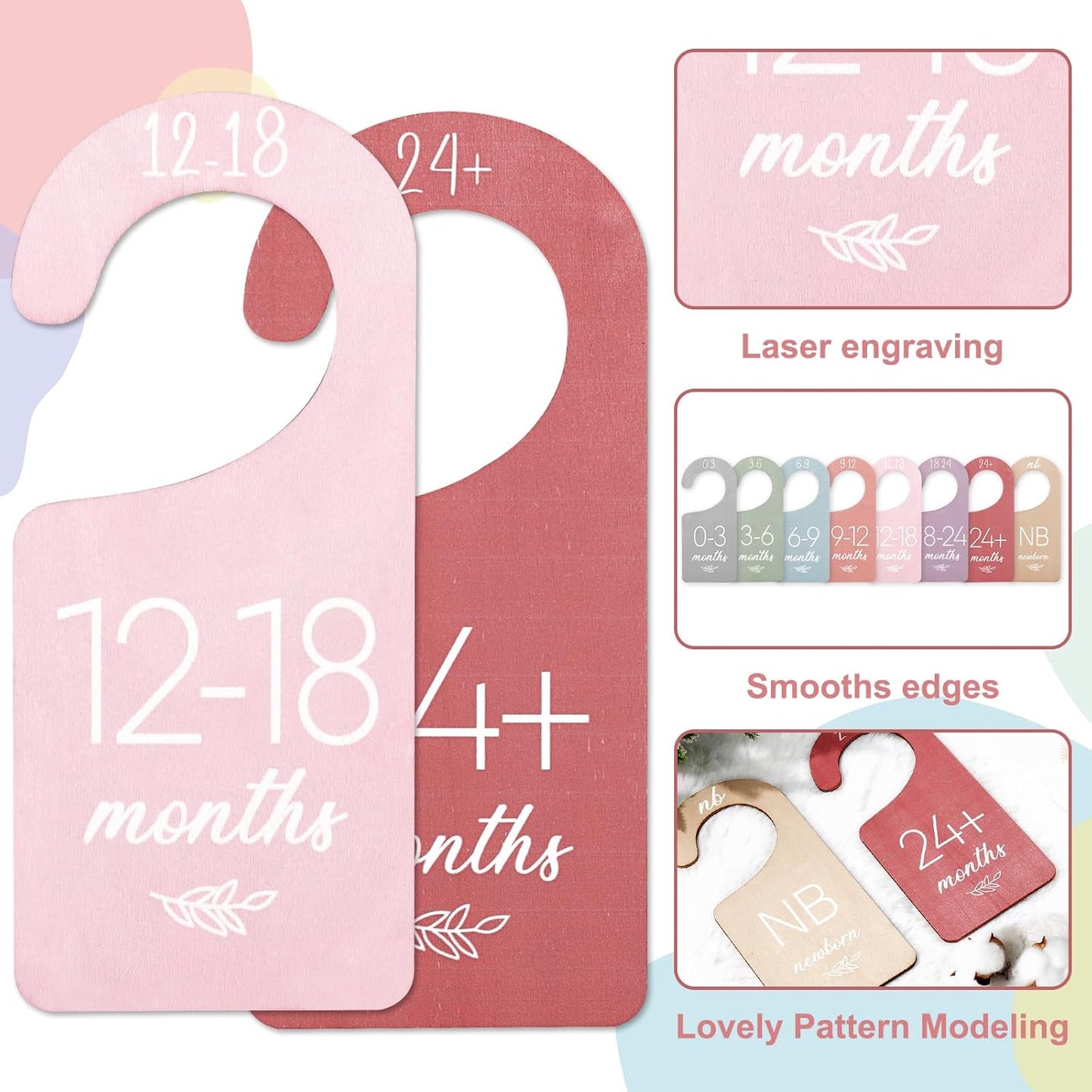 Whaline 8Pcs Baby Closet Dividers Boho Design Hanging Wooden Colorful Babys Closet Size Hanger Organizer Double-Sided Newborn to 24 Months Thicken Baby Wardrobe Organizer