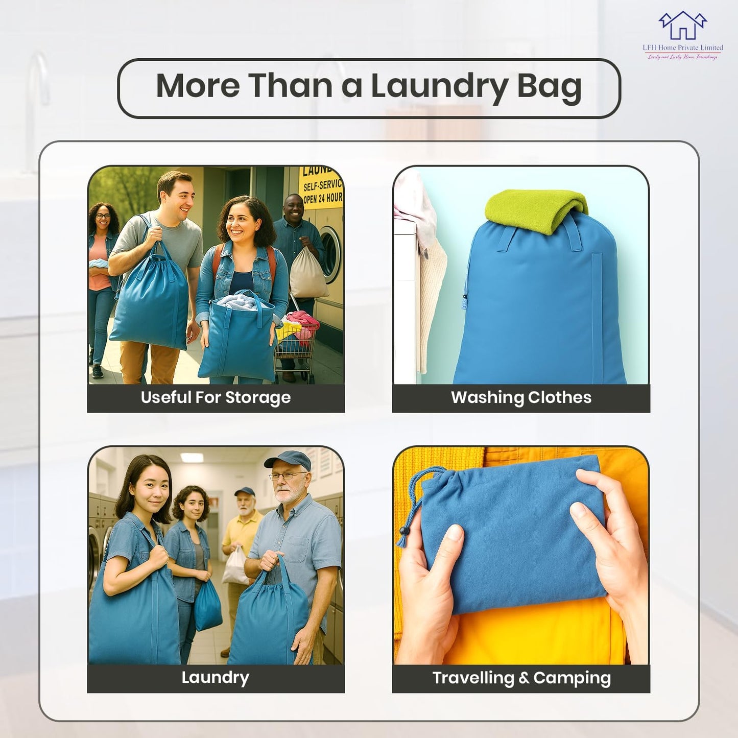 LFH Home Cotton Canvas Large Laundry Bag with Handle, Heavy Duty Drawstring Closure Washable Laundry Bags, School Travel, Home, Hotel, College Dorm, Organizer Sack, Toys Clothes 20x30-Sky Blue