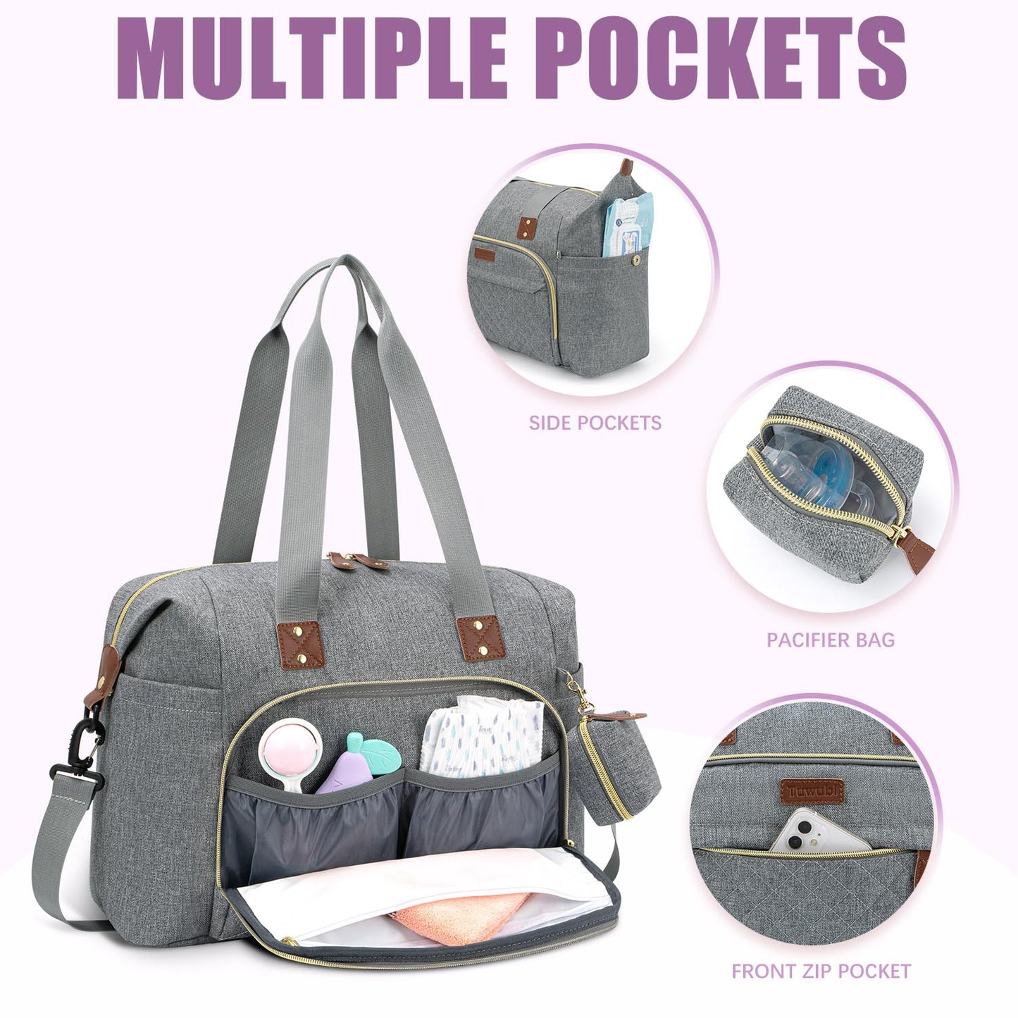 Tuwubi Diaper Bag Tote,Baby Diaper Bag with Pacifier Case Large Travel Diaper Tote Caddy for Mom and Dad Multifunction Large Baby Bag - M-Light Grey
