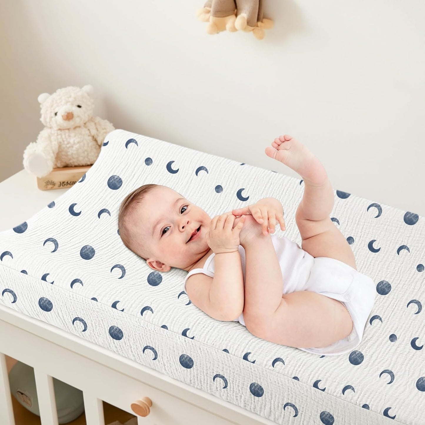 Bearmoss Changing Pad Cover, 2 Pack Muslin [100% Cotton] Diaper Changing Table Covers, 32'' x 16'' Soft Breathable Changing Pad Sheets for Unisex Baby Girls and Boys with Strap Holes (Bluemoon)