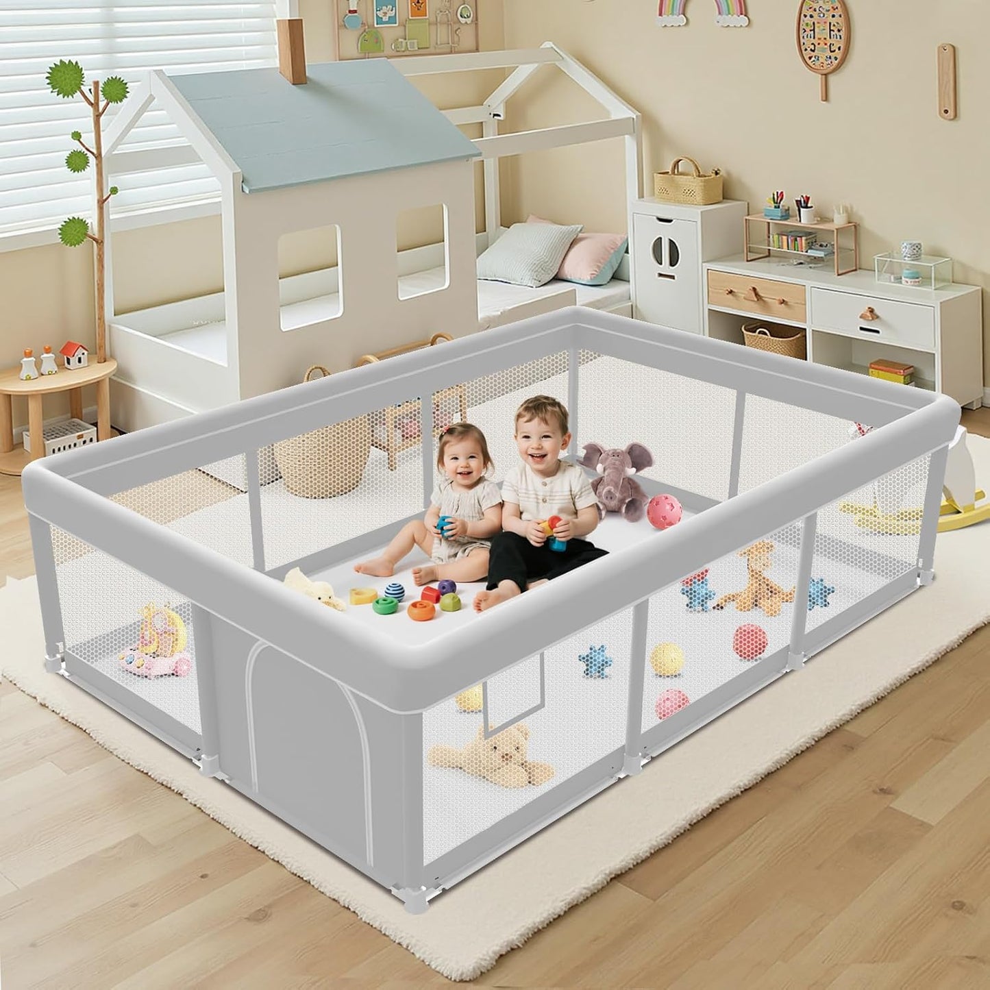 Baby Playpen 74x50 Inch, Playpen for Babies and Toddlers, Play Pen Indoor & Outdoor Active Center, Sturdy Safety Playard with Anti Slip Suction Cups, Skin-Friendly Fabric, Large Space Baby Fence