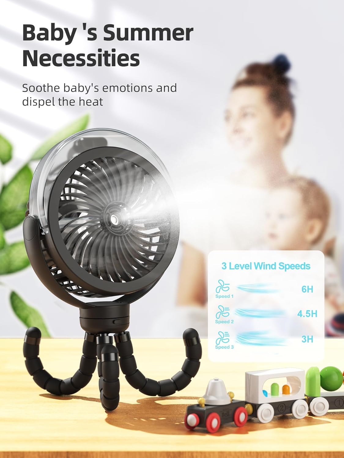 Misting Stroller Fan, 6000mAh Battery Operated Portable Fan with Light & 360° Pivoting, Personal Fans with Flexible Tripod for Baby, Office, Travel,Treadmill,Outdoors