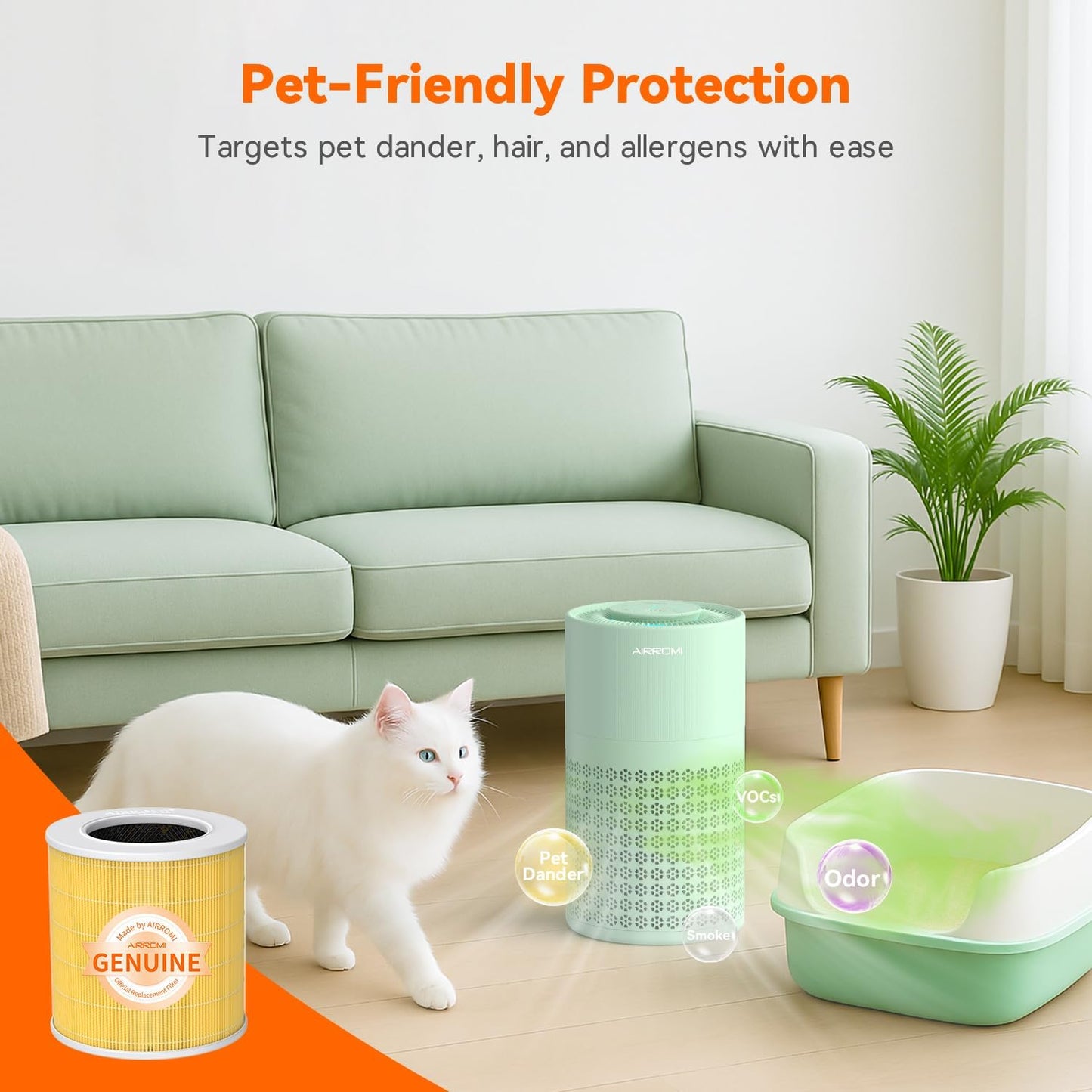 AIRROMI Air Purifier for Bedroom with HEPA 3-in-1 Filter, Pet Air Purifier for Home Cat Pee Smell, Covers Upto 990 Ft², Quiet 360°intake Air Cleaner for pet hair,allergies,Dust,Smoke A2001 Green