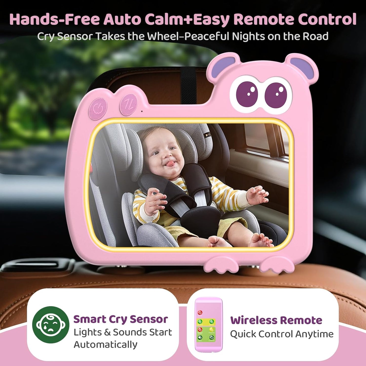 2-in-1 Baby Car Mirror with Lights & Soft Sounds, Cry Detector, Clear Night View, 360° Rotation, Shatterproof, Rear Facing Baby Car Seat Mirror with Remote Control, Perfect Baby Shower Gifts (Pink)