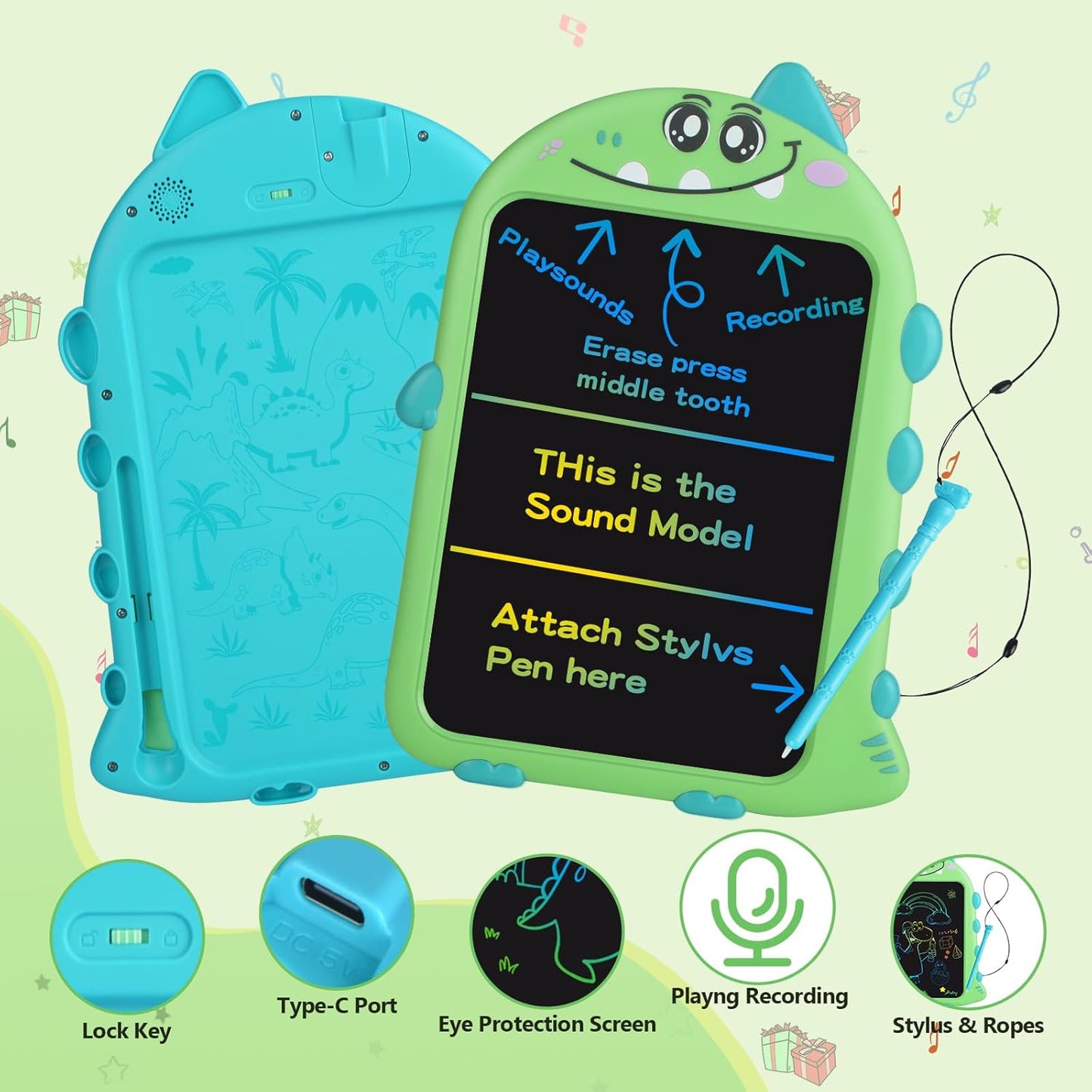 10 Inch LCD Writing Tablet for Kids, Type-C Rechargeable Doodle Board with Dino Sounds, Educational Toy for Toddlers 2-6, Birthday Gifts for 2 Year Old Boy, Toddler Toys for Airplane Travel