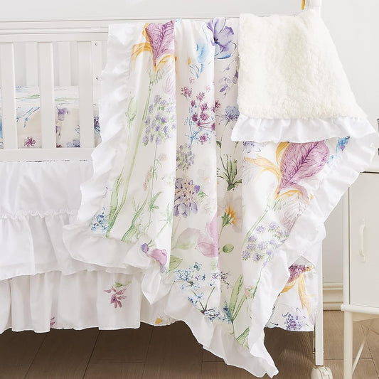 Brandream Gilrs Floral Bedding Boho Baby Bedding Watercolor Farmhouse Nursery Crib Blanket Set 3 Piece, Fitted Sheet, Skirt