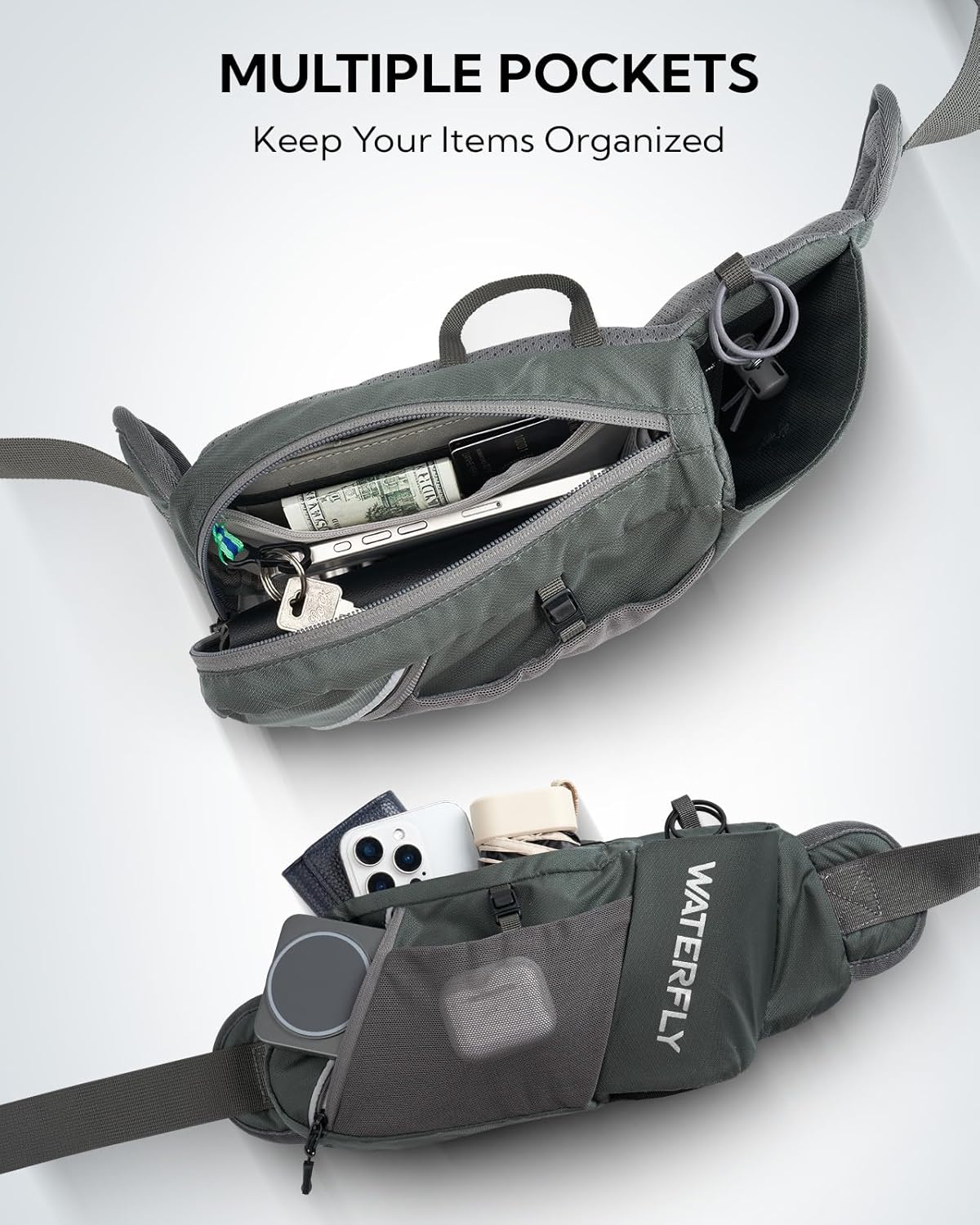 WATERFLY Fanny Pack Waist Bag: Hiking Water Bottle Holder with Strap Waist Pack for Women Men Hydration Hip Packs for Running Walking Traveling-Green