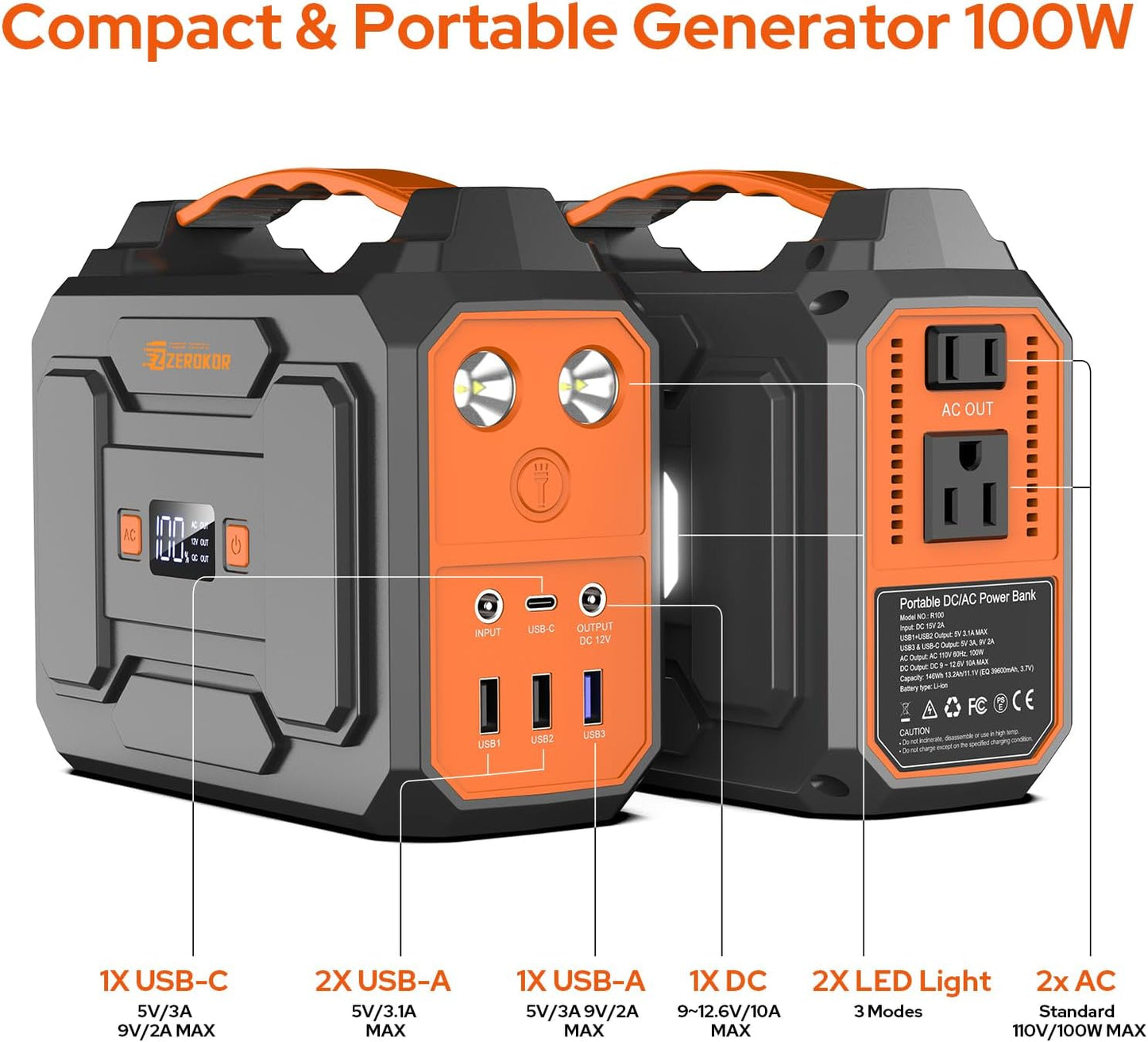 100W Portable Power Station with Foldable Solar Panel, 110V Power Bank with AC Outlet, Rechargeable Battery Generator Power supply for Outdoor, Camping, RV, Travel, Emergency Backup