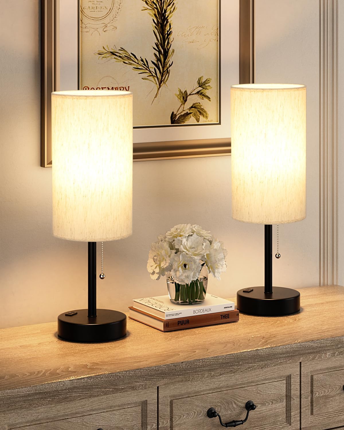 Plus Bedside Table Lamps Set of 2-3 Color Temperatures Pull Chain Lamp with AC Outlet Charging Port, Round Night Stand Lamps for Bedroom Guest Room Office, Bed Side Light with E26 LED Bulbs