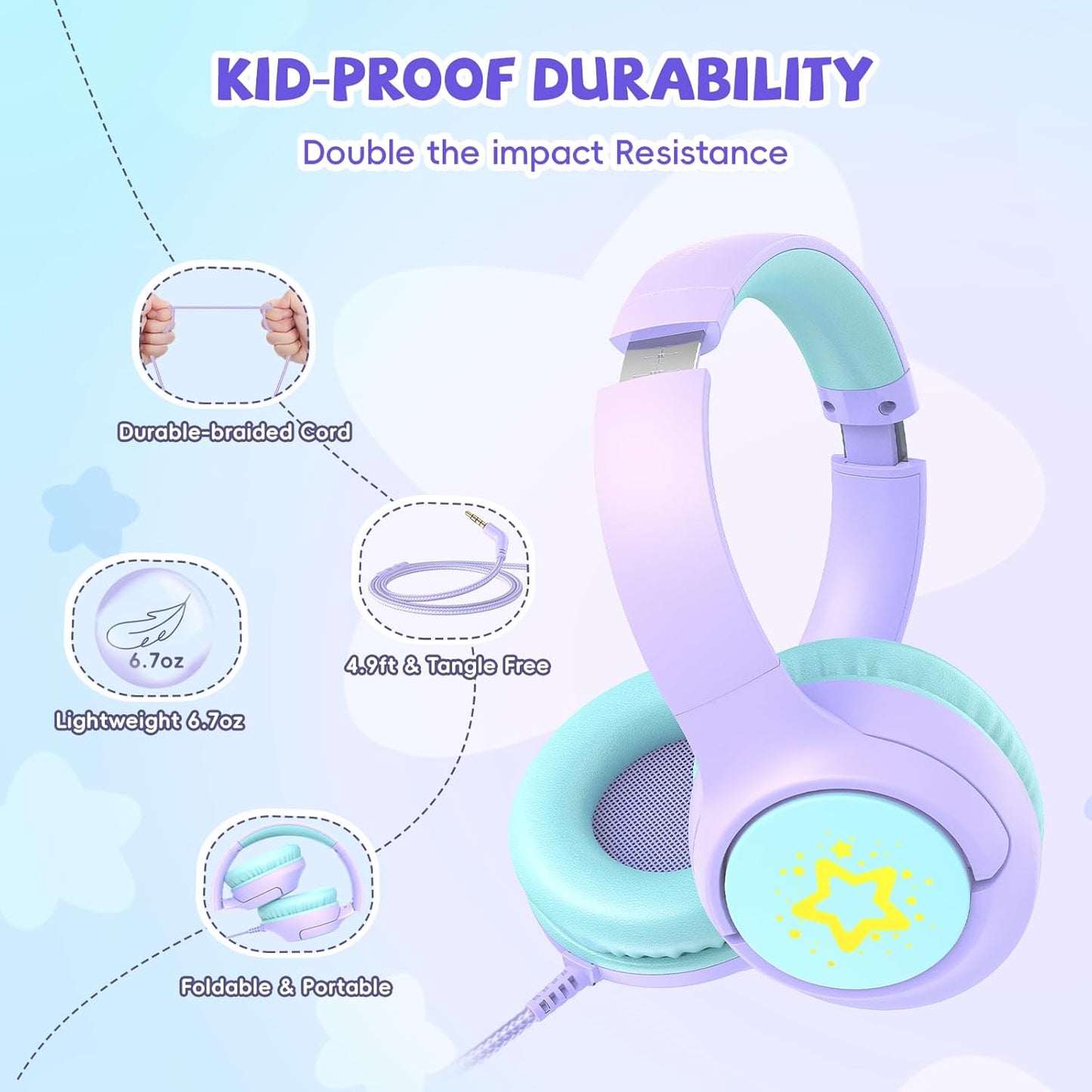 Kids Wired Headphones for School, 85/94 dB Volume Limit, Wired Over Ear Headphones for Girls Kids with Microphone, Foldable Stereo Sound 3.5mm Wire Cord for Kindle Tablet Airplane Travel, Purple