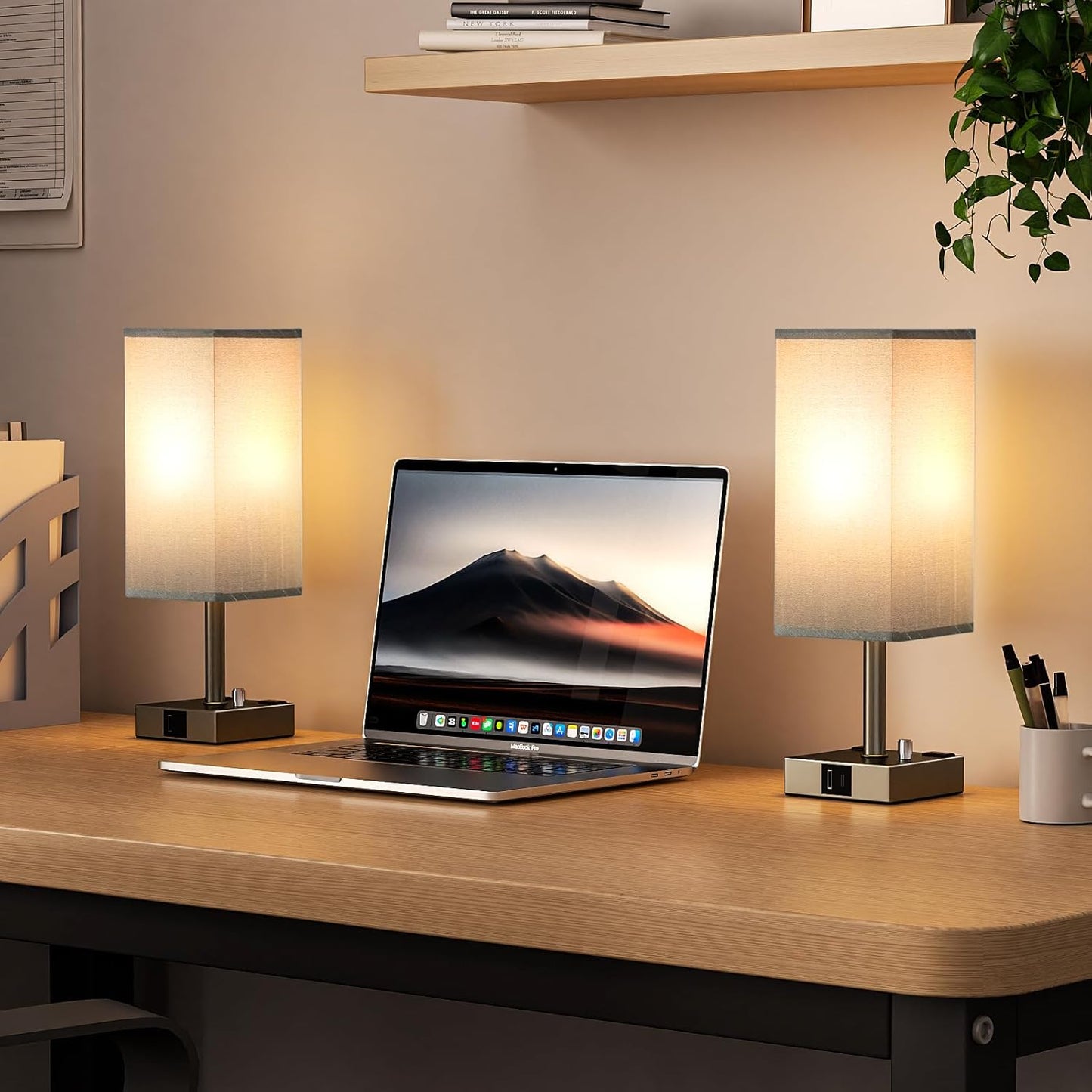 Grey Fully Dimmable Nightstand Lamps Set of 2 - Table Bedside Lamp with USB C+A Charging Ports & 2 AC Outlets, Square Lamp Sets Linen Fabric Shade for Bedroom Living Room(Bulb Included)