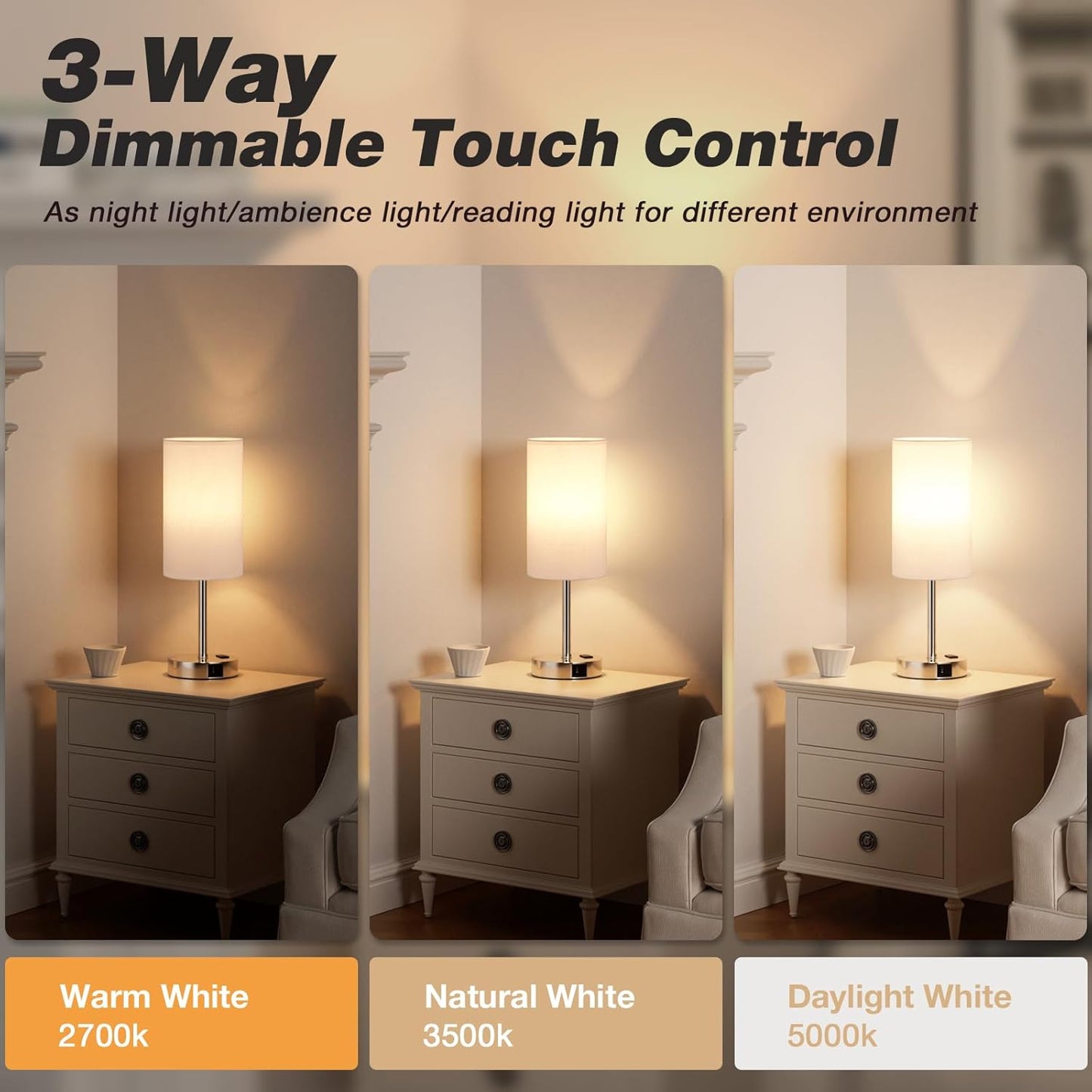 17.4Inch Bedside Touch Table Lamps for Bedroom - Tall Nightstand Lamp with USB-C USB-A Charging Ports White - 3 Way Dimmable Small Desk Lamp for Office, Dorm Room, Living Room, Reading