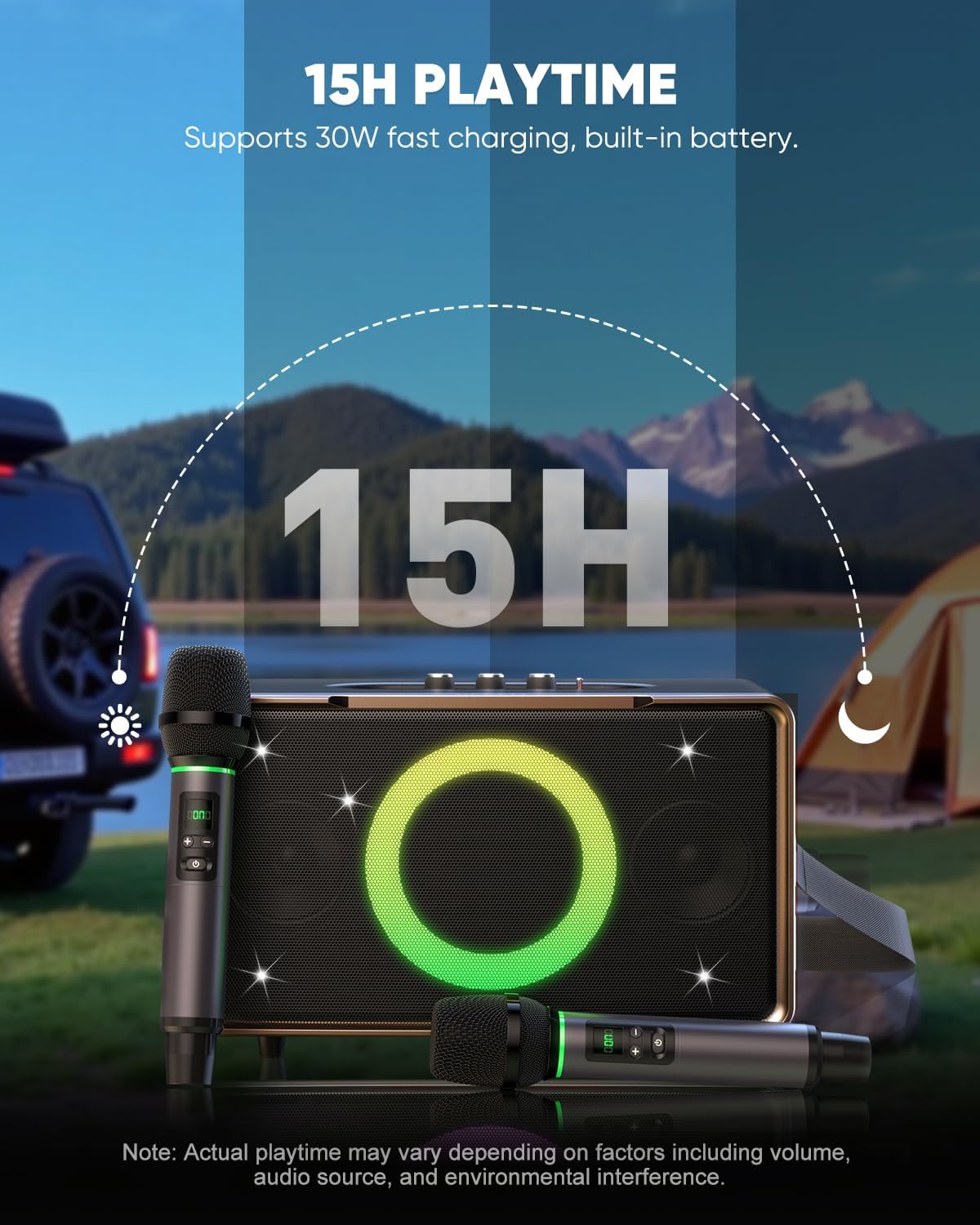 GFEEN Portable Bluetooth Speaker: 100W(160W Peak), 15H Playtime, Wireless Speakers with Microphone, 5″ Subwoofer, Loud Sound, Light Show, Fast Charging for Outdoor, Party, Backyard(Gold with 2Mic)