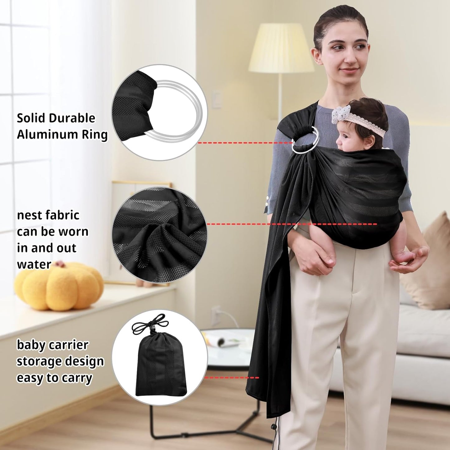CUBY Water Baby Sling Carrier Lightweight Breathable Mesh Baby Wraps Carrier Adjustable Ring Sling Quick-Drying Baby Carriers Sling for Newborn Toddler Summer Swimming Pool Beach (Black Stripe)
