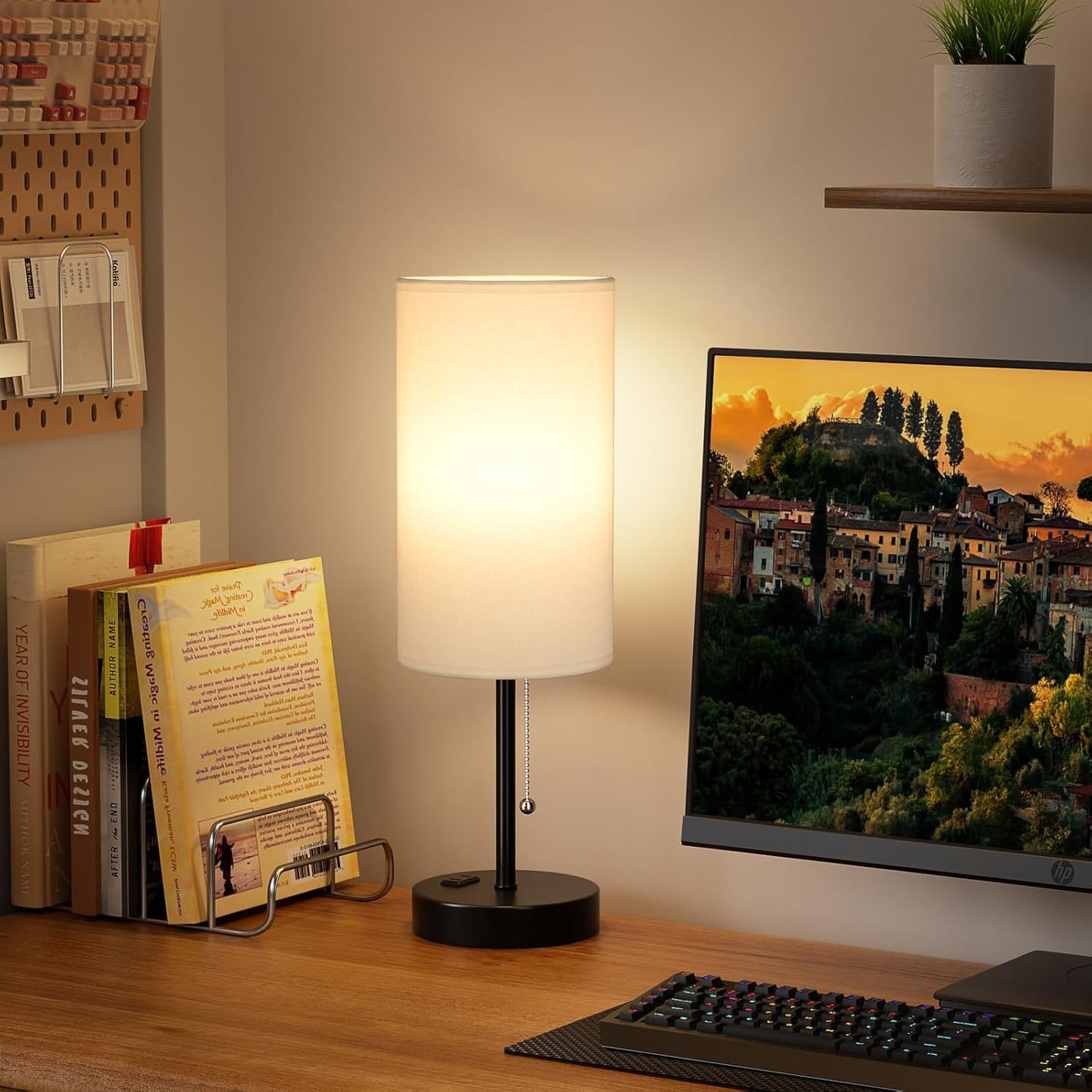 17.4Inches White Bedside Lamp for Bedroom Nightstand - Tall Lamp with USB A + C Charging Port & AC Outlet, 3 Color Temperatures Pull Chain, Side Desk Reading Light for Living Room