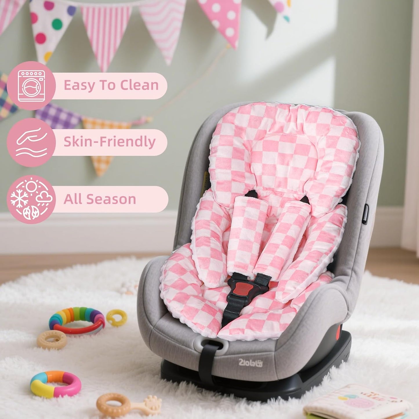 Infant Car Seat Insert Cushion, Baby Car Seat Head Body Support for Girls & Boys, Reversible Newborn Car Seat Insert with 2 Extra Strap Paddings, Premature Car Seat Cushion, Pink Checkerboard