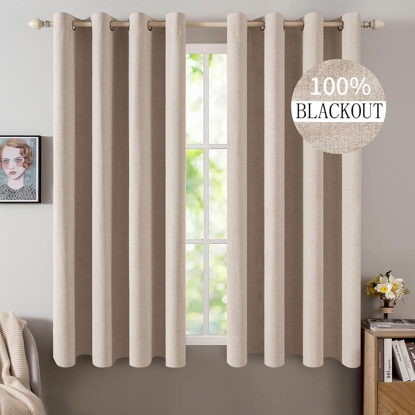 MIULEE Linen Textured Curtains for Bedroom Solid 100% Blackout Thermal Insulated Natural Beige Grommet Room Darkening Curtains & Drapes Luxury Decor for Living Room Nursery 52 x 63 Inch (2 Panels)