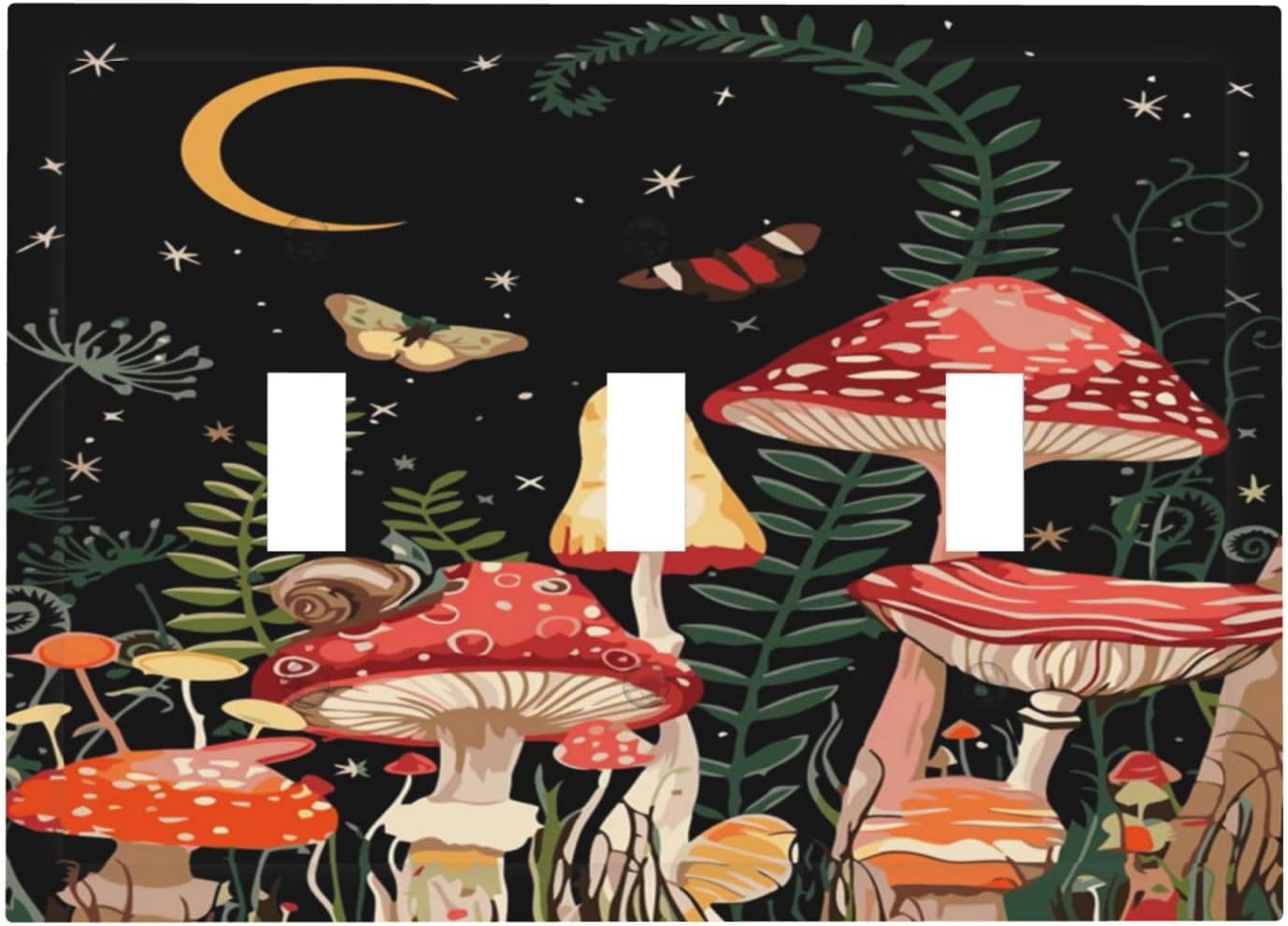 Moon Star Red Mushroom Forest Butterfly Green Plant Decorative Switch Plates 3 Gang Wall Plate Triple Toggle Light Switch Cover Faceplate Electrical Wall Panels for Kids Room Home Decor