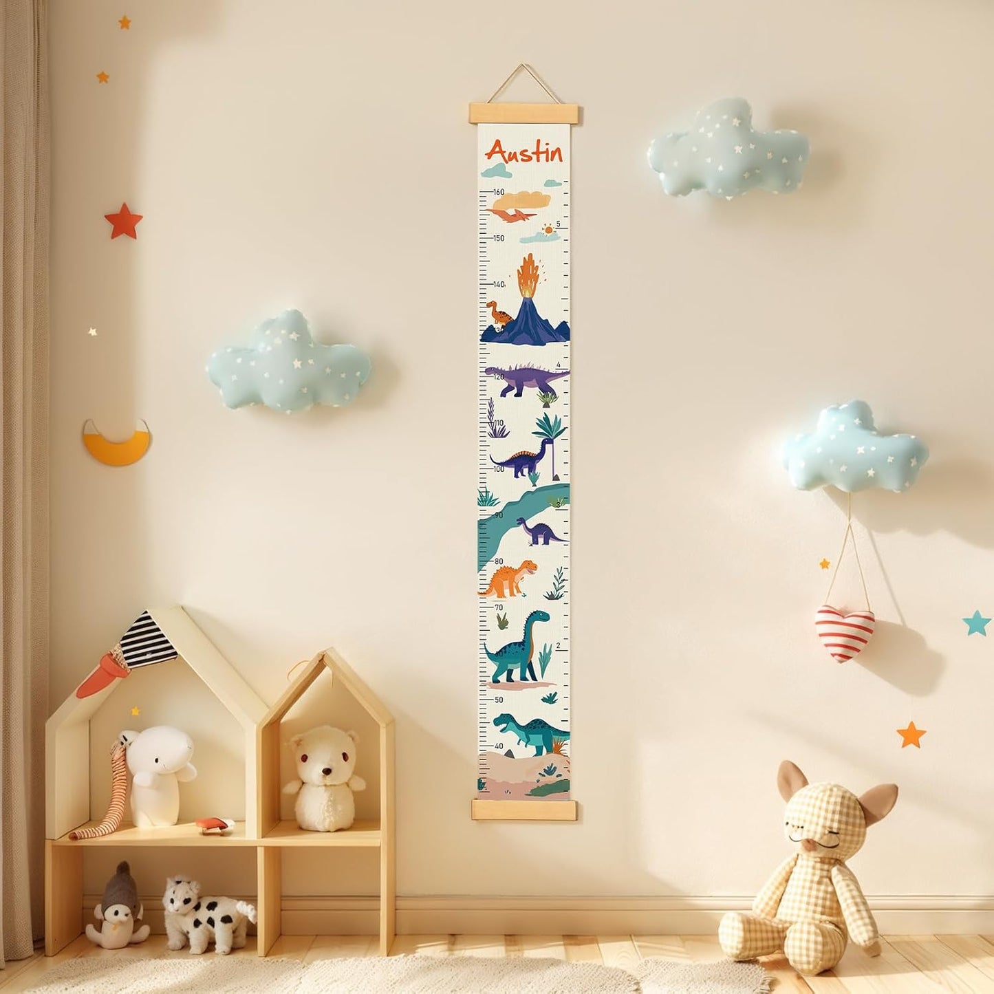 Personalized Name Growth Chart Wall Decor for Kids – Canvas Removable Height Chart Measuring Ruler 59" x 7.9" (Dinosaurs)