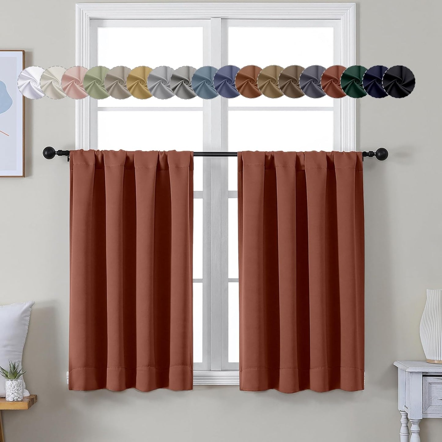 Simplebrand Ava Terracotta Short 36 Inches Blackout Curtain 2 Panels Set, Half Window Rod Pocket Privacy Curtain Tiers for Kitchen, Curtains Blackout for Bathroom Shades, W40 x L36 Inch, Terracotta