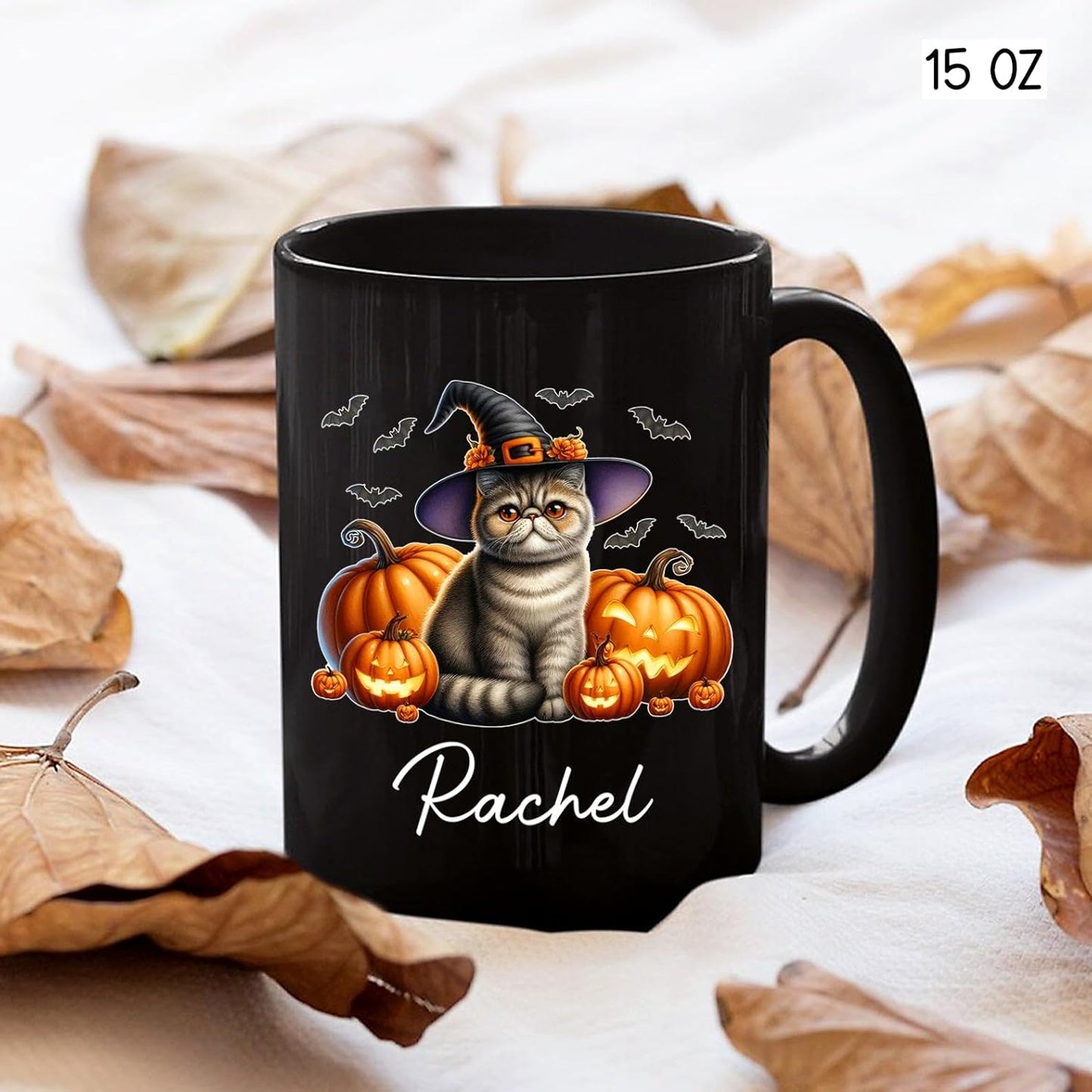 Personalized Exotic Shorthair Wearing Witch Hat Ceramic Cup, Exotic Shorthair Coffee Mugs Gift for Halloween, Custom Name Pet Cat with Pumpkins Halloween Cup, Cat Owner Black Mug 11oz 15oz